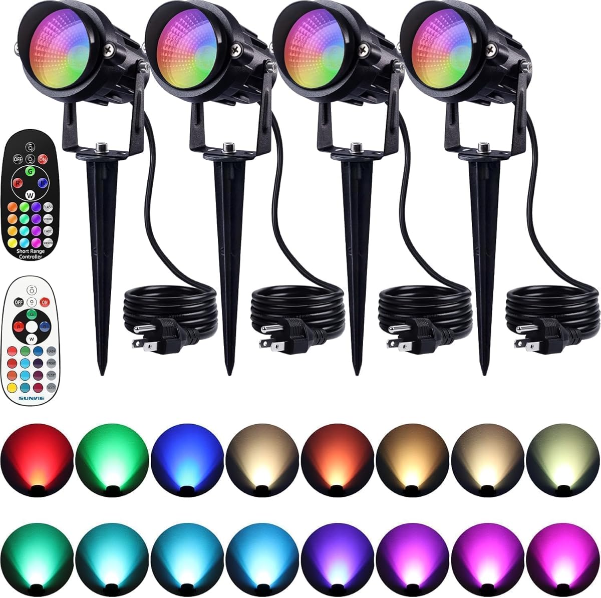 SUNVIE Halloween Outdoor Spotlight 12W RGBW Color Changing Landscape Lights with Remote Control 120V RGB Landscape Lighting Waterproof Spot Lights Outdoor for Yard Garden Patio Lawn Decorative, 4 Pack
