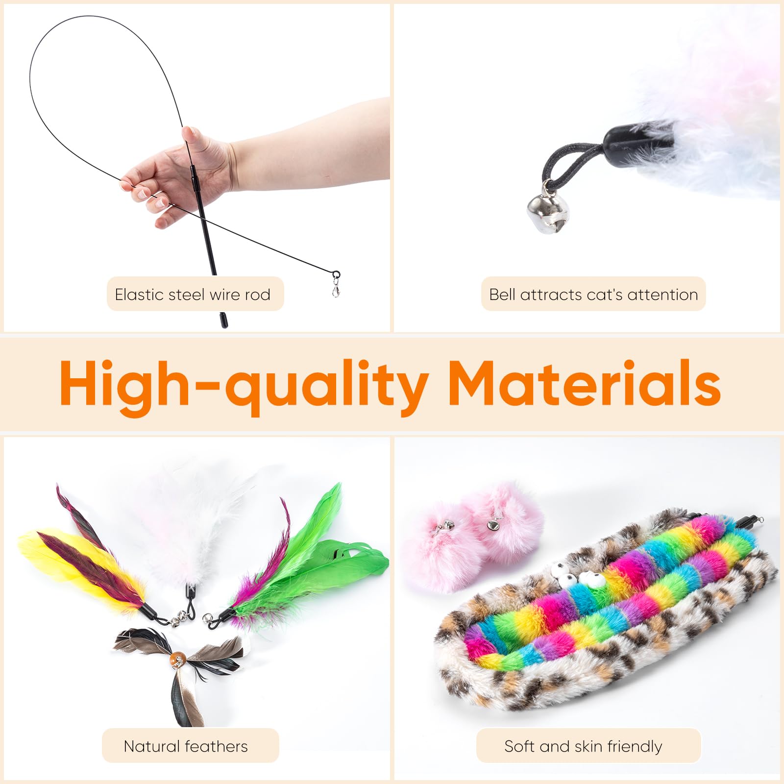 LongForU 12PCS Interactive Cat Toys, Cat Feather Toy, 4-in-1 Cat Teaser Wand with Bells and Feather, for Indoor Cats Adult & Kitten - Image 2