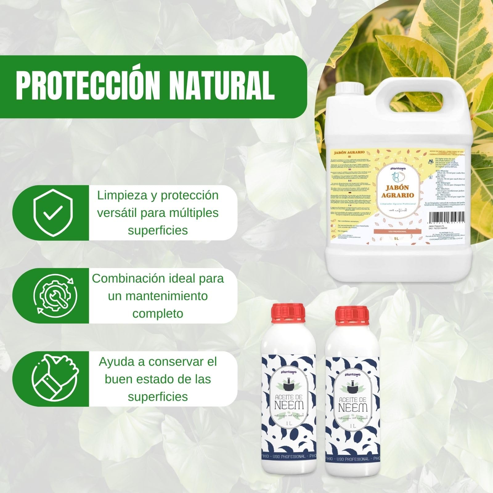 PLANTAWA Pack Jabón Potásico 5L con Aceite de Neem 2x1L | Solución Multiusos | Fácil Aplicación y Máxima Eficacia | Versátil | Uso en Interior y Exterior | Productos de origen natural
