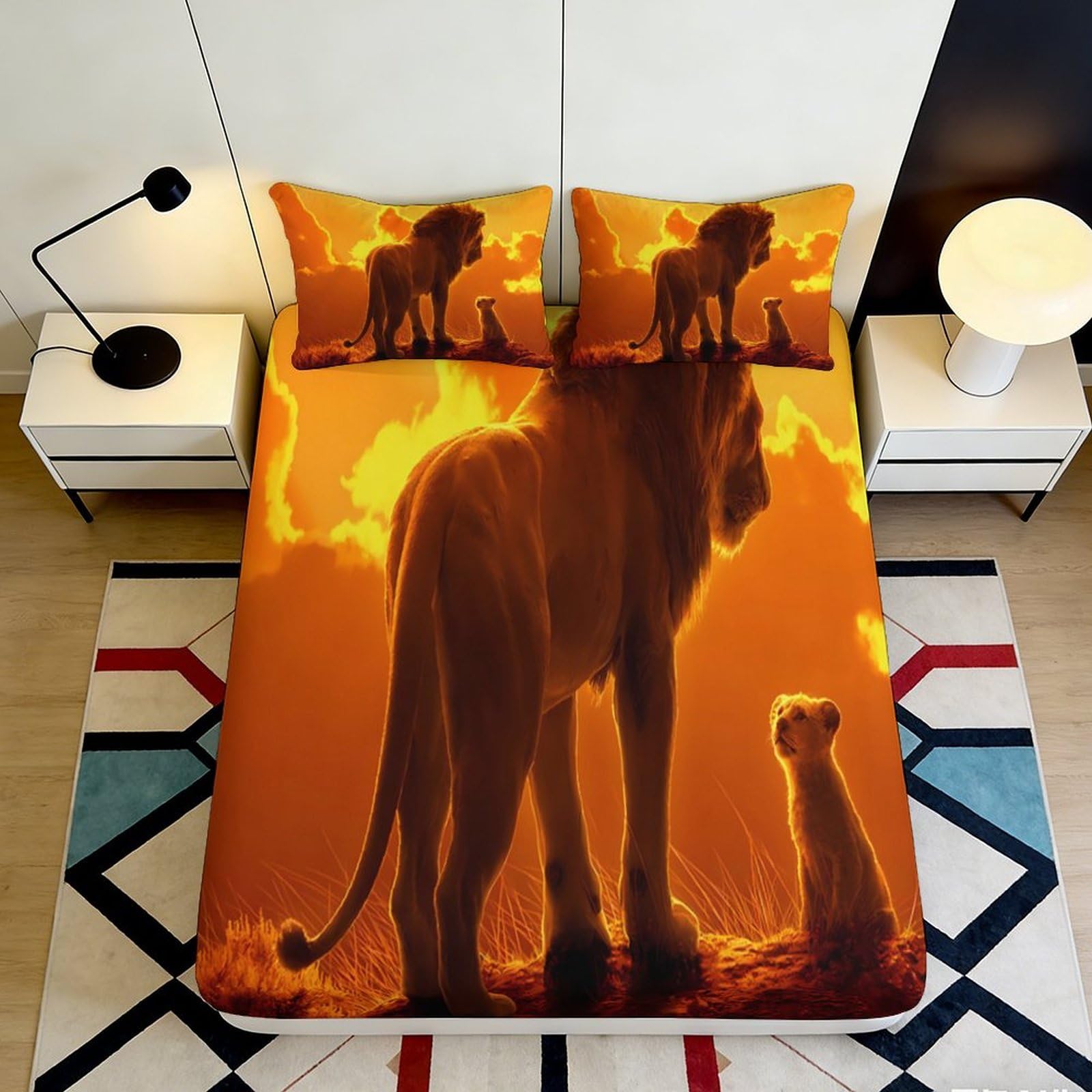 3D Printed Sunset Lion Fitted Sheet Microfiber Soft Breathable Savanna Bed Cover for Bedroom Dorm Decor 90x200x25cm