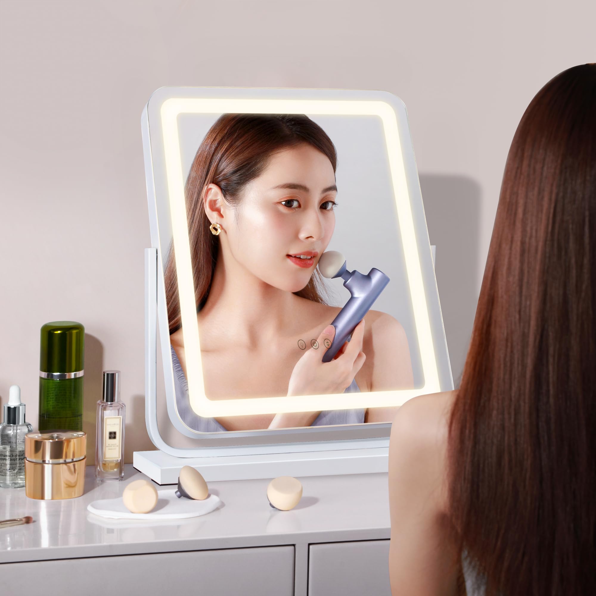 Miroir de Maquillage Lumineux LED 40x47 cm Carré, Rotation 360° Orientable avec Touche Tactile, 3 Modes de Couleur (Froid/Chaud/Naturel) à Intensité Variable Miroir de Table Hollywood