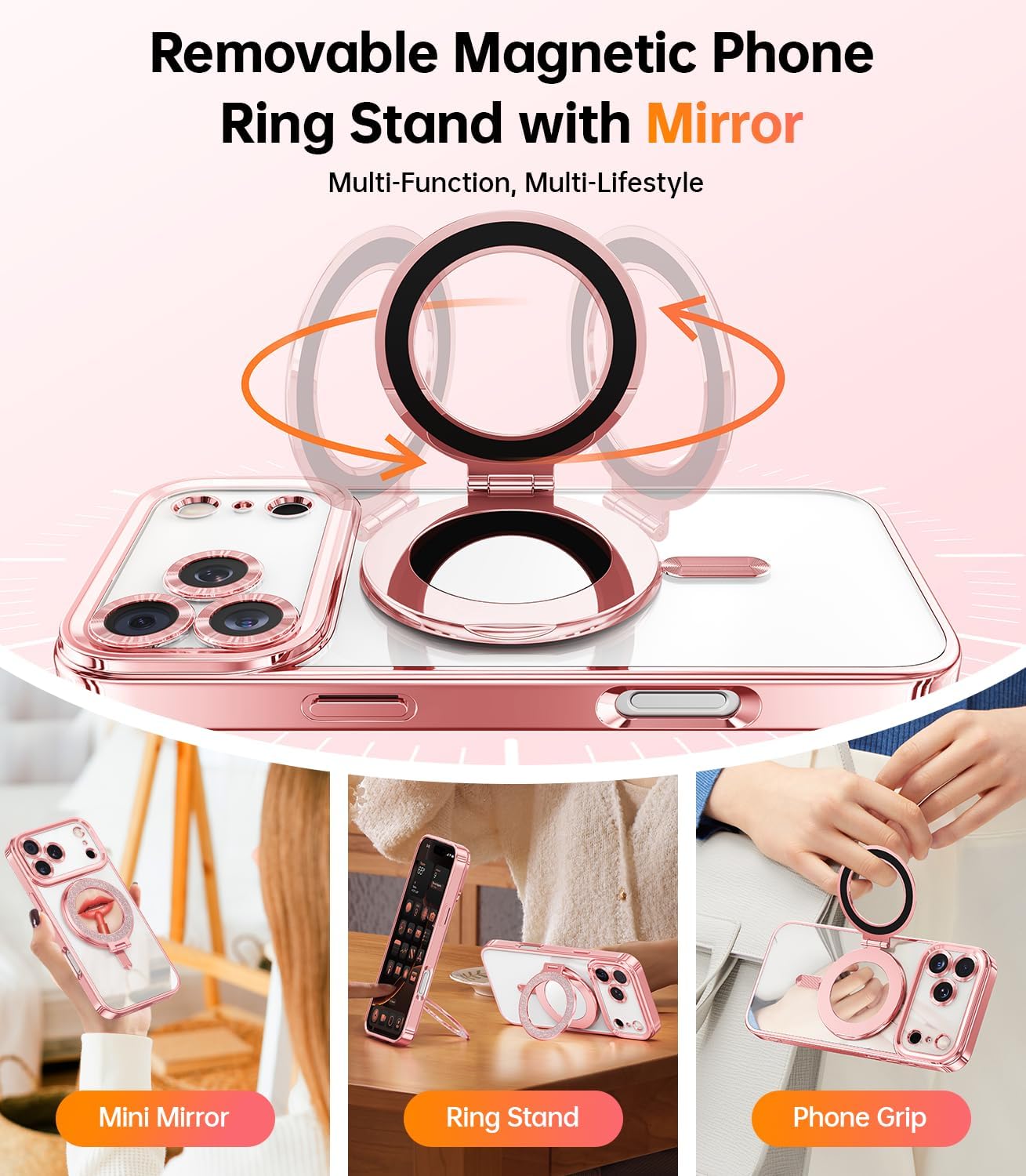 Meifigno Designed for iPhone 17 Pro Magnetic Case with Removable Phone Ring Stand, [Glitter Card & Wrist Strap] [MagSafe Compatible] [Built-in Mirror] Phone Ring Stand + Phone Case Kit, Rose Gold - Image 4