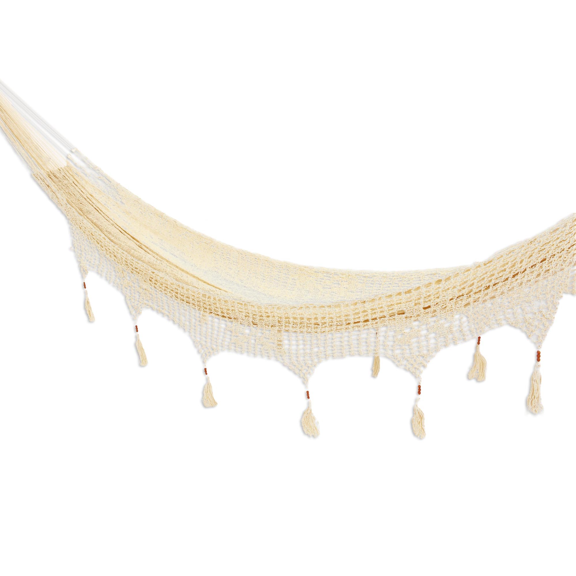 NOVICAArtisan Handmade Hammock Solid Rope with Tassels Triple Ivory Nylon Mexico Mayan Shabby Chic Beach Bonfire [Bed Size 78in L x 90in W Total Length 158in L] ' Caribbean Shores' Triple