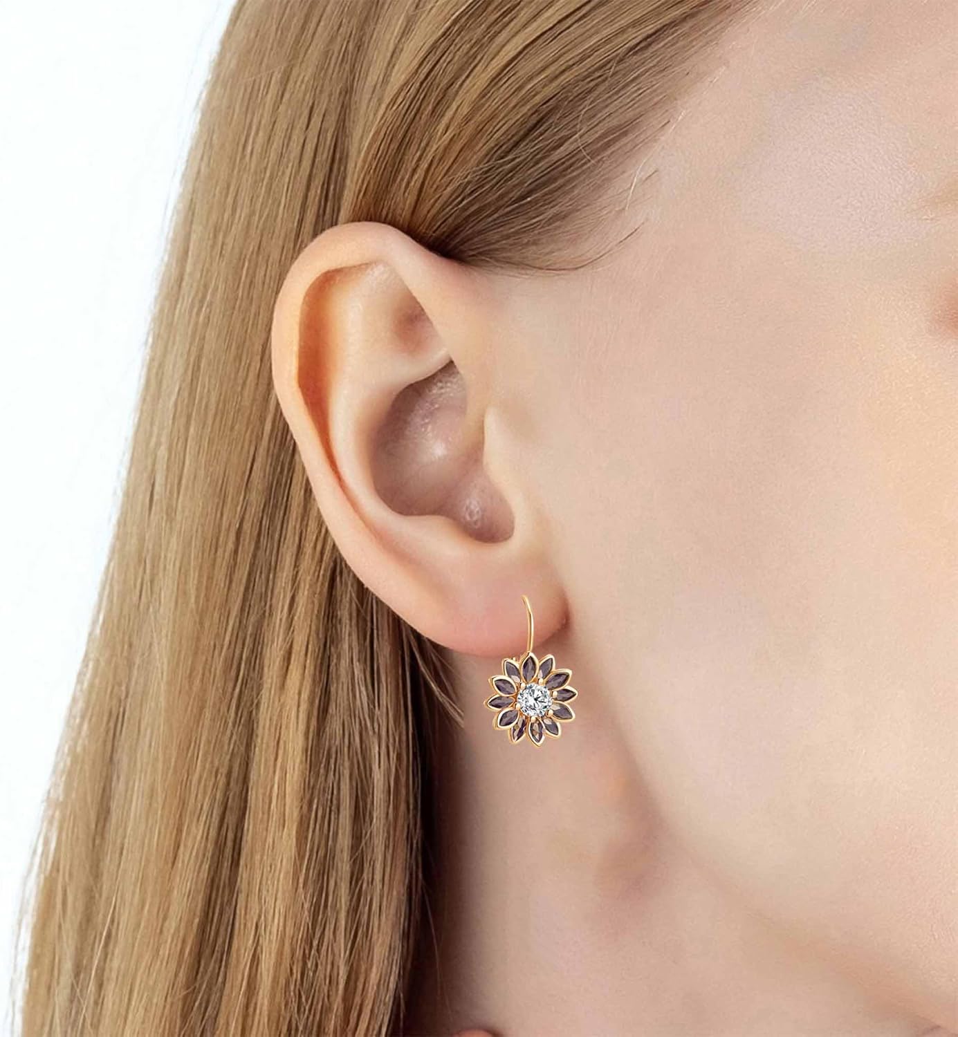 Austrian Crystal Flower Drop Leverback Earrings for Women Fashion 14K Gold Plated Hypoallergenic Jewelry - Image 7