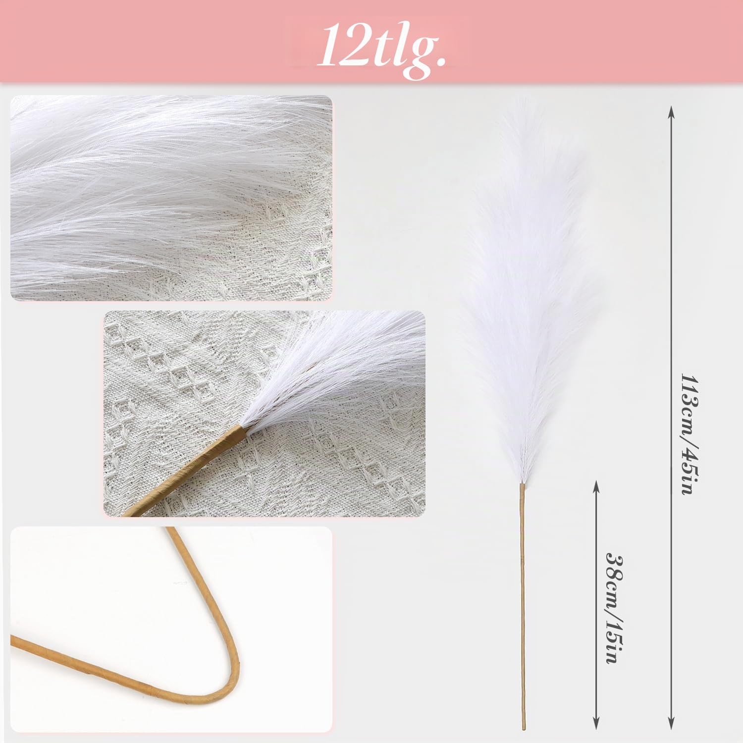 12 Stück Pampasgras Künstlich Groß,115CM Pampasgras XXL Flauschig,Künstliche Trockenblumen Deko für Boho Vase,Bodenvase,Dekoration Wohnzimmer,Schlafzimmer,Hochzeit (Weiß)