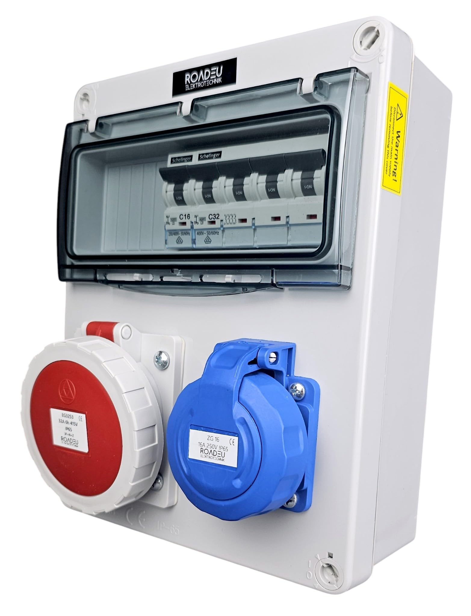 RoadEu Coffret de distribution IP65 CEE 32A 5P 400V & prise 230V 2P+T, coffret mural avec disjoncteurs C32A 4P + C16A 2P, prises à couvercle vissé