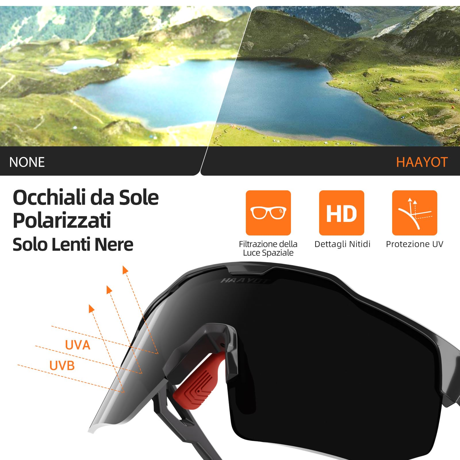 HAAYOT Occhiali da sole sportivi rapidi polarizzati occhiali da ciclismo da uomo e da donna, 5 lenti intercambiabili, protezione UV al 99%, occhiali leggeri TR90 per ciclismo, colore nero e rosso