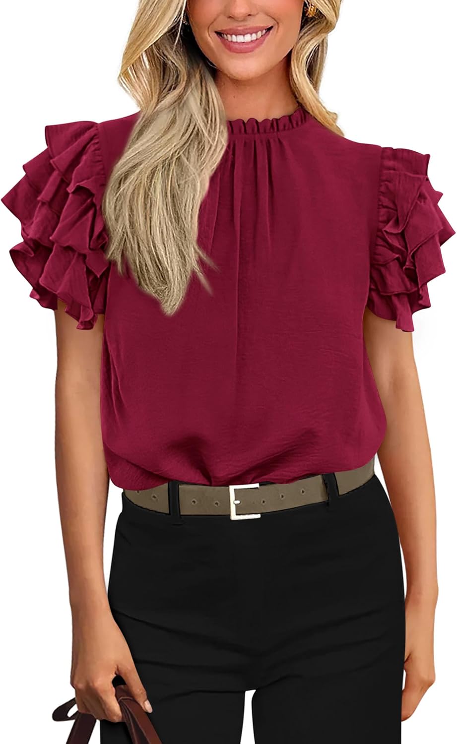 KIRUNDO Blouses for Women Dressy Casual 2026 Spring Summer Ruffle Short Sleeve Mock Neck Work Shirts Tops Fashion Clothing