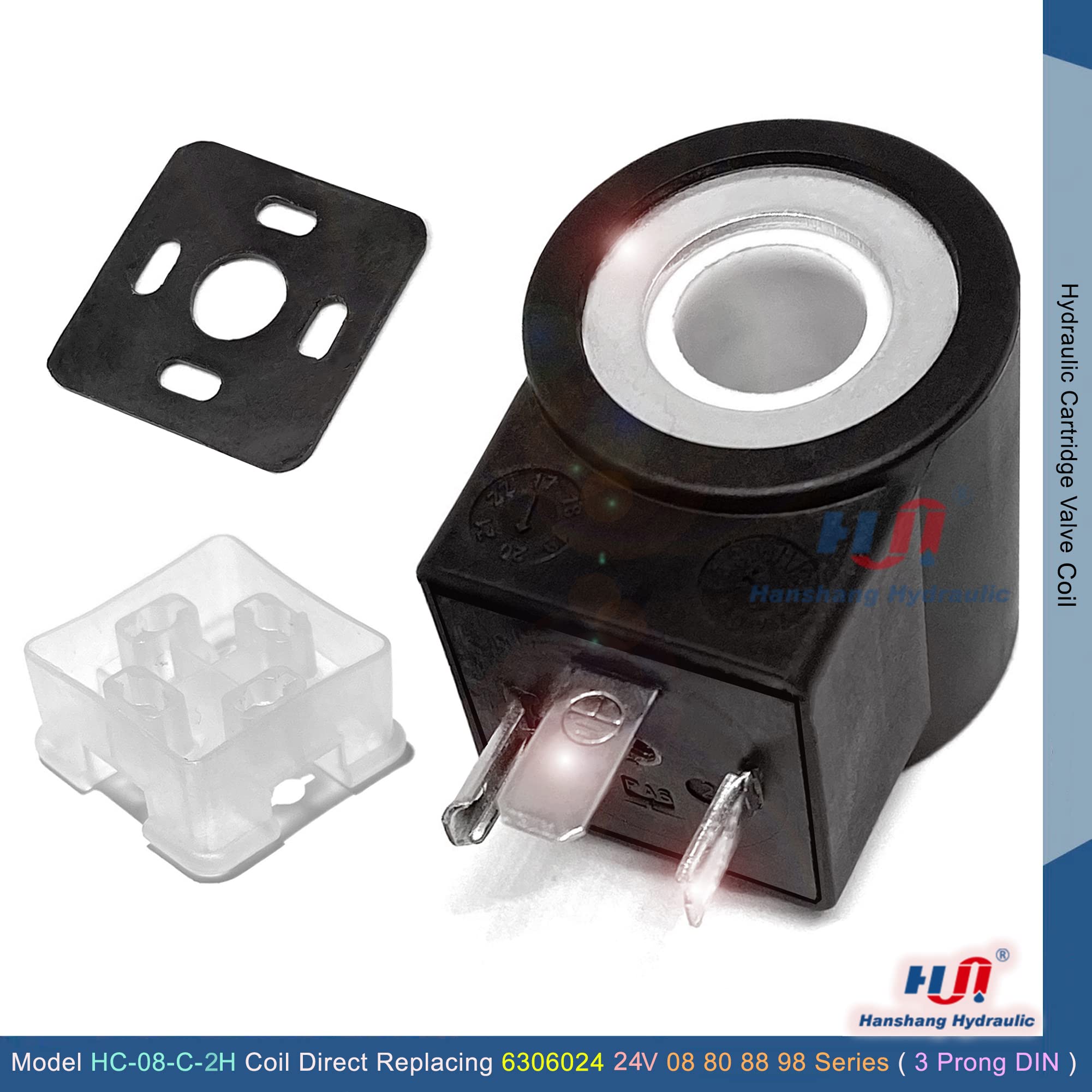 Magnetventilspule Größe 08 10 DC 12 V 24 V 3 Zinken DIN-Stecker für Ersatz von Hydra-force 6356012 6356024 6306012 6306024 43650 Stecker (Größe 08 1/2 Zoll) 2 4 V)