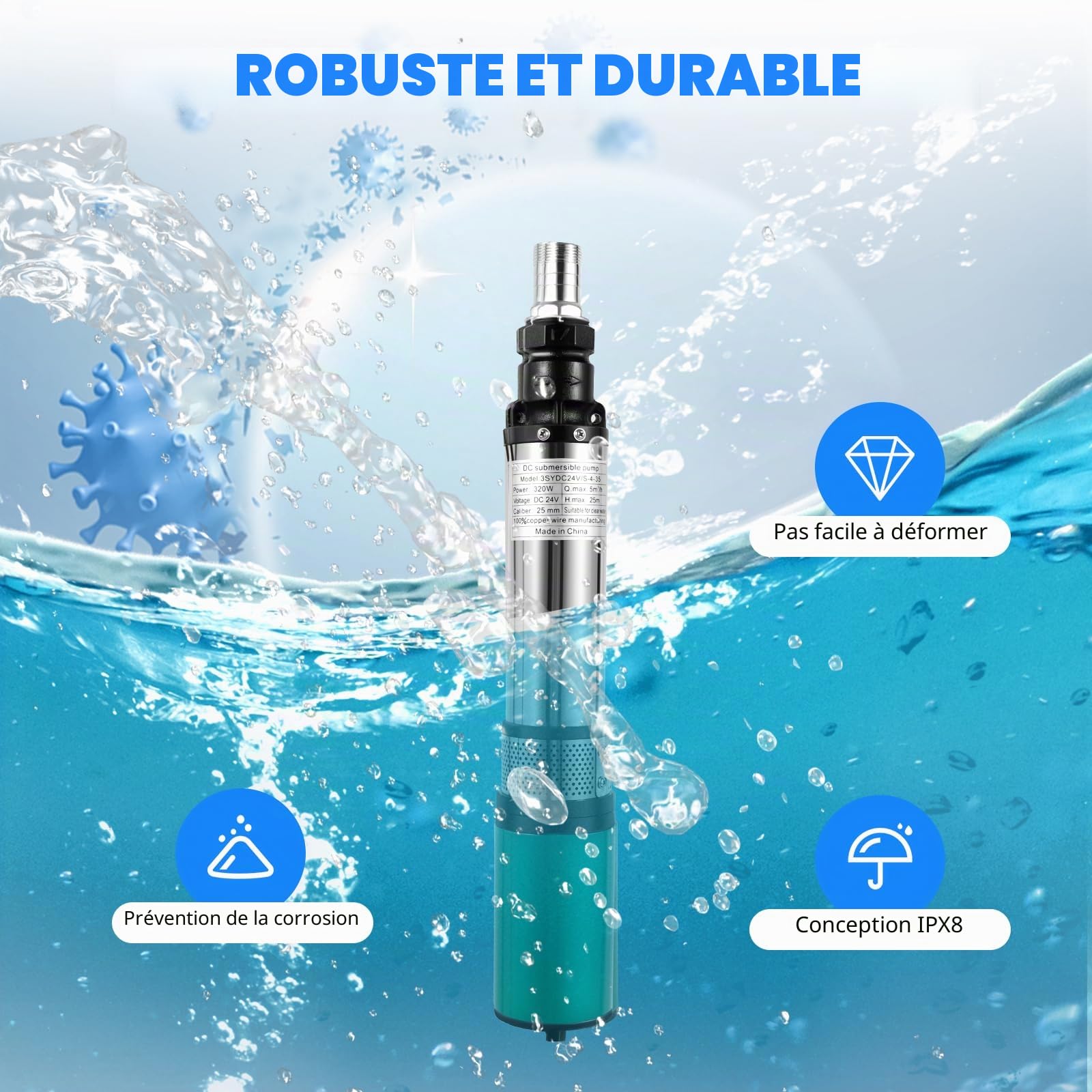 Pompe Immergée Puits 24V 320W, Pompe de Relevage Inox 3000L/h, Hauteur 25m, Câble 16m, Moteur Cuivre Pur 4500tr/min, Pompe à Eau Submersible pour Jardin, Irrigation, Bassin et Agriculture