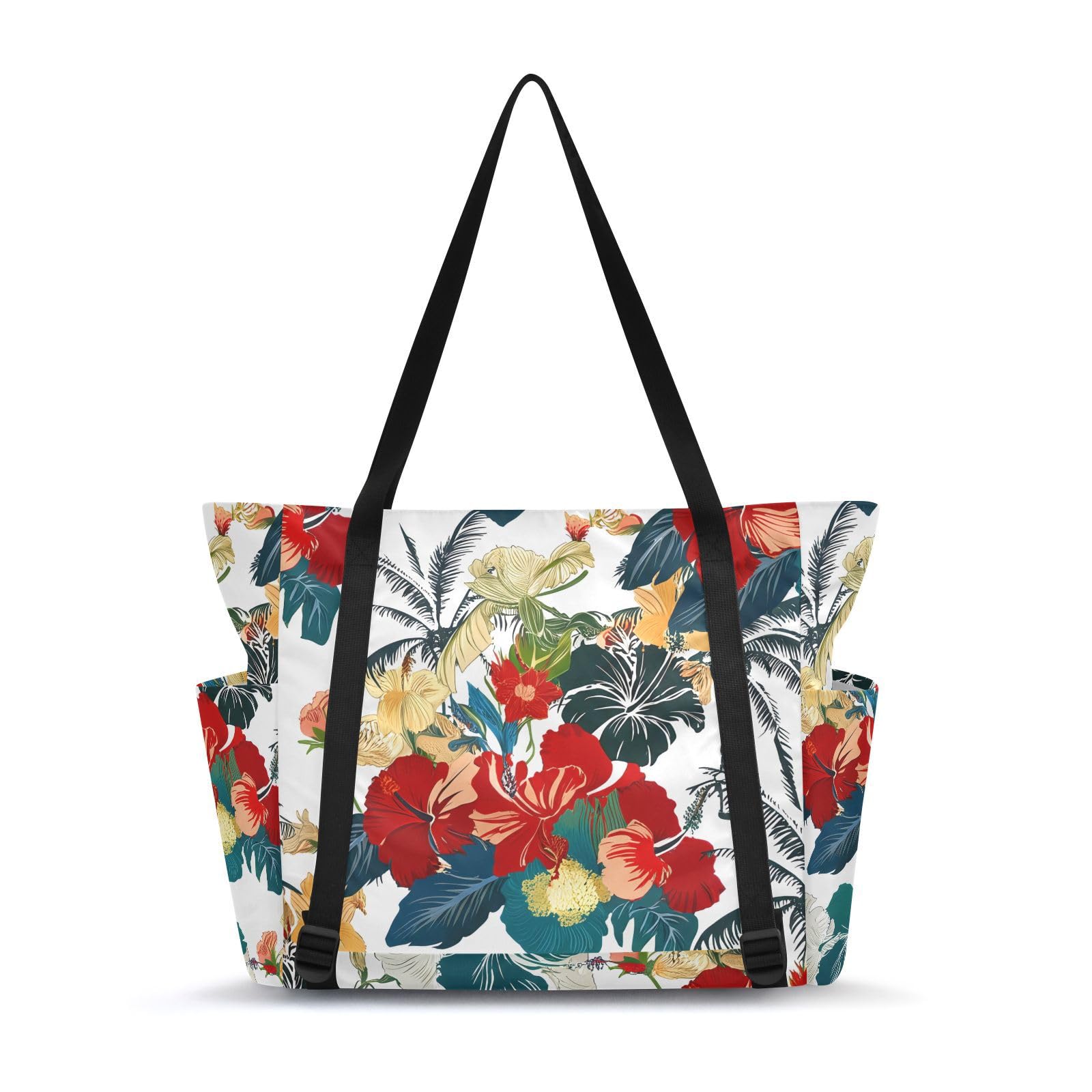 Lxqimora Hibiscus Palm Trees White Yoga Mat Bag for Women Water-Resistant Gym Bag with Yoga Mat Holder Tote Bag for Gym Travel Office Pilates