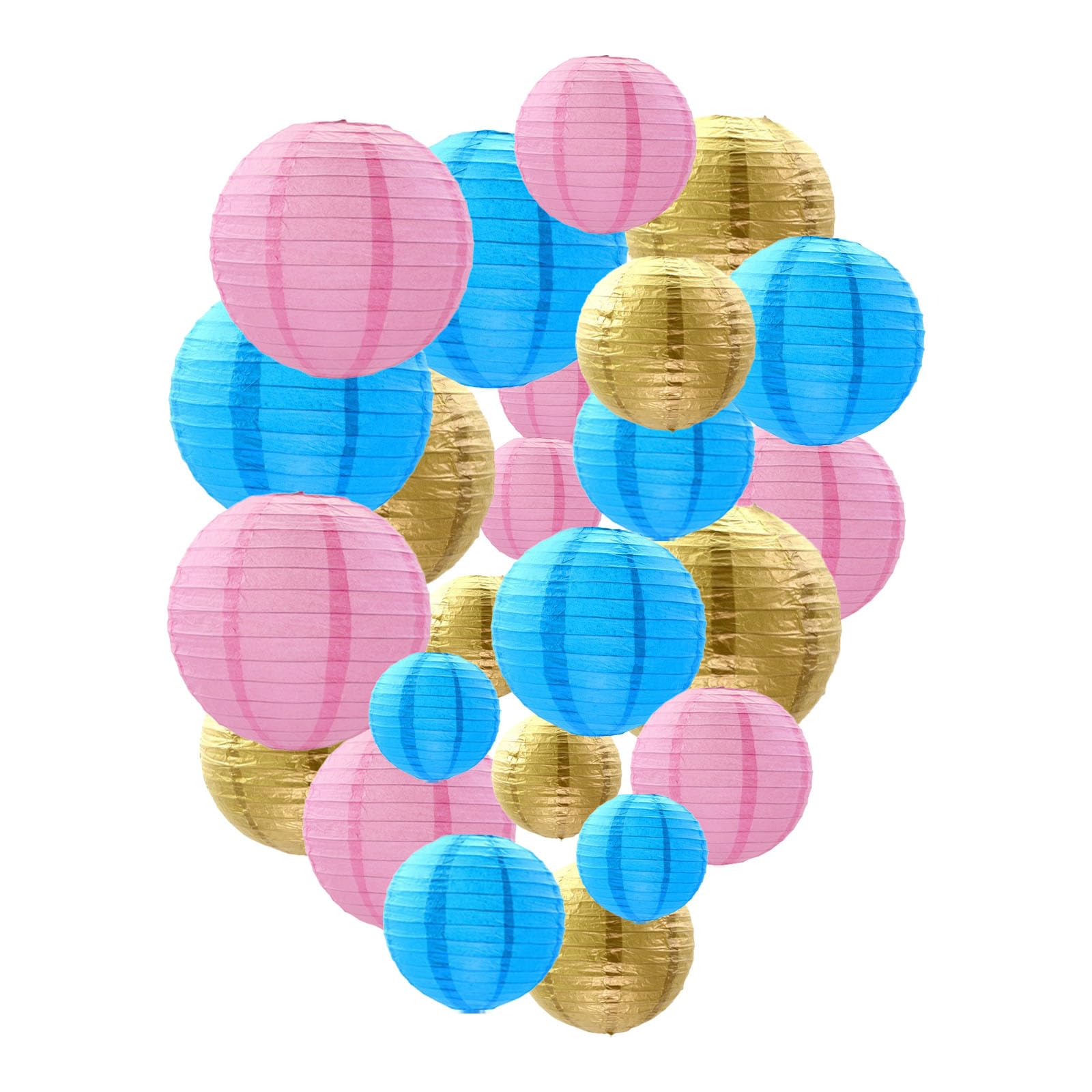 Tim&Lin Pink Blue Gold Paper Lanterns Decorative, Chinese/Japanese Hanging Round Paper Lanterns Decorations for Baby Shower, Birthday, Gender Reveal (12 PCS)