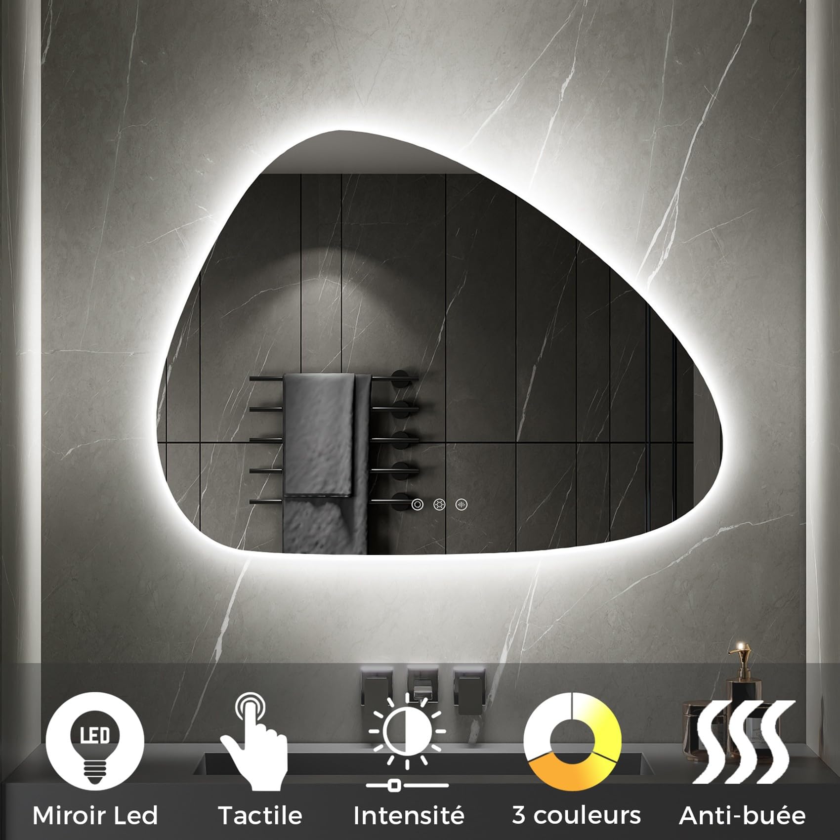 SANIVERRE GALEO Miroir Organique LED Lumineux 60 x 80 cm Tactile Anti-buée + intensité & Couleurs réglables + mémoire - réversible asymétrique