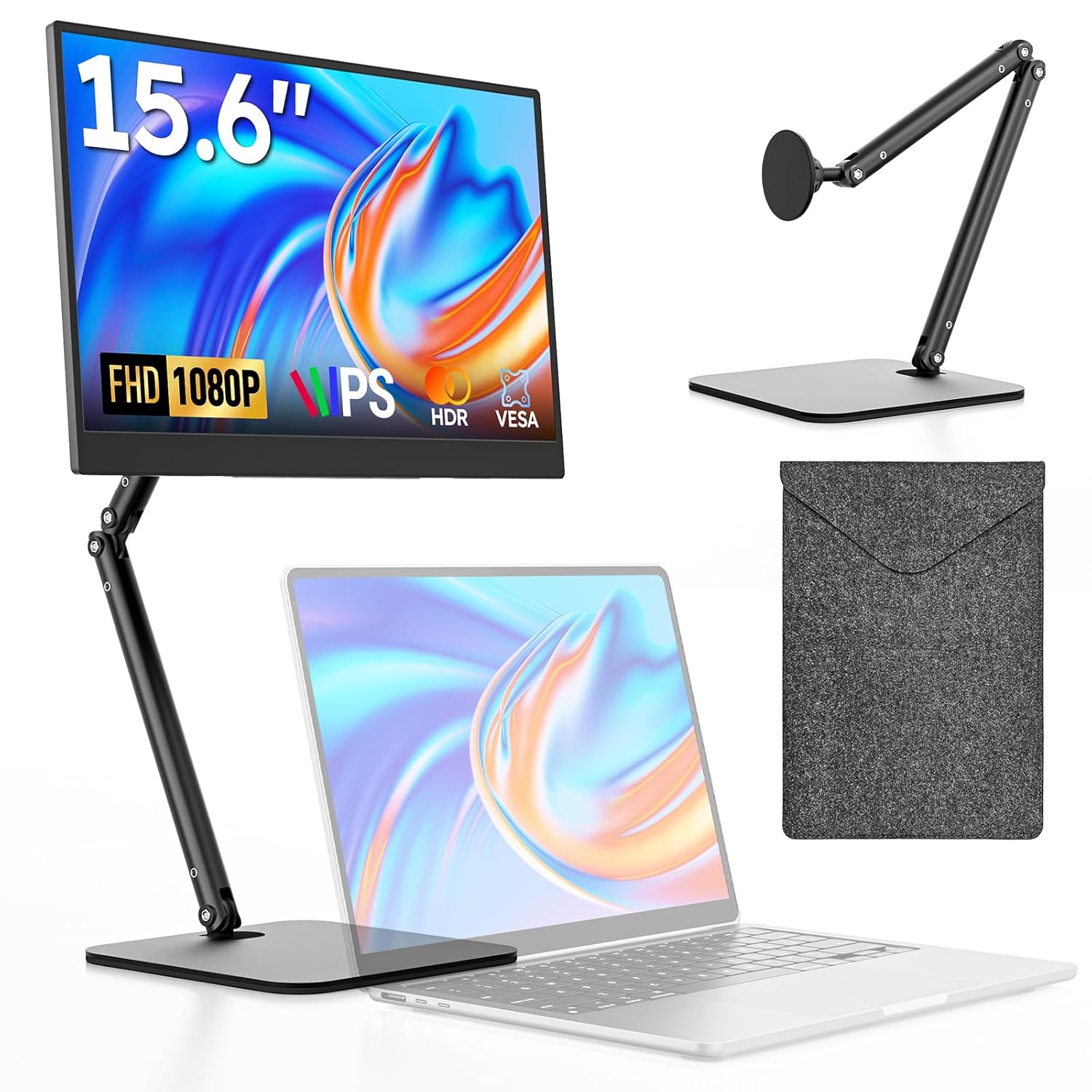 Portable Monitor 15 6 FHD 1080P IPS Travel Monitor for Laptop Foldable Stand Carry Case Included USB-C Screen
