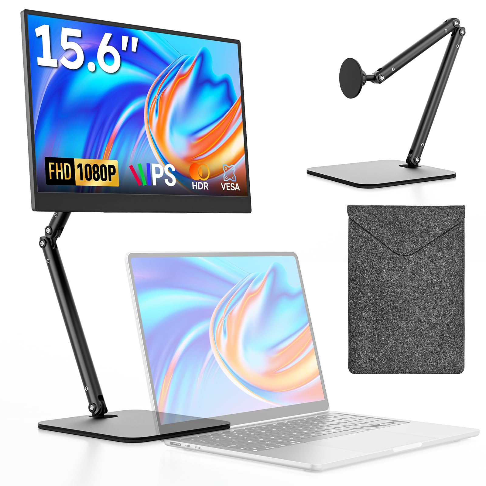 Portable Monitor 15 6 FHD 1080P IPS Travel Monitor for Laptop Foldable Stand Carry Case Included USB-C Screen