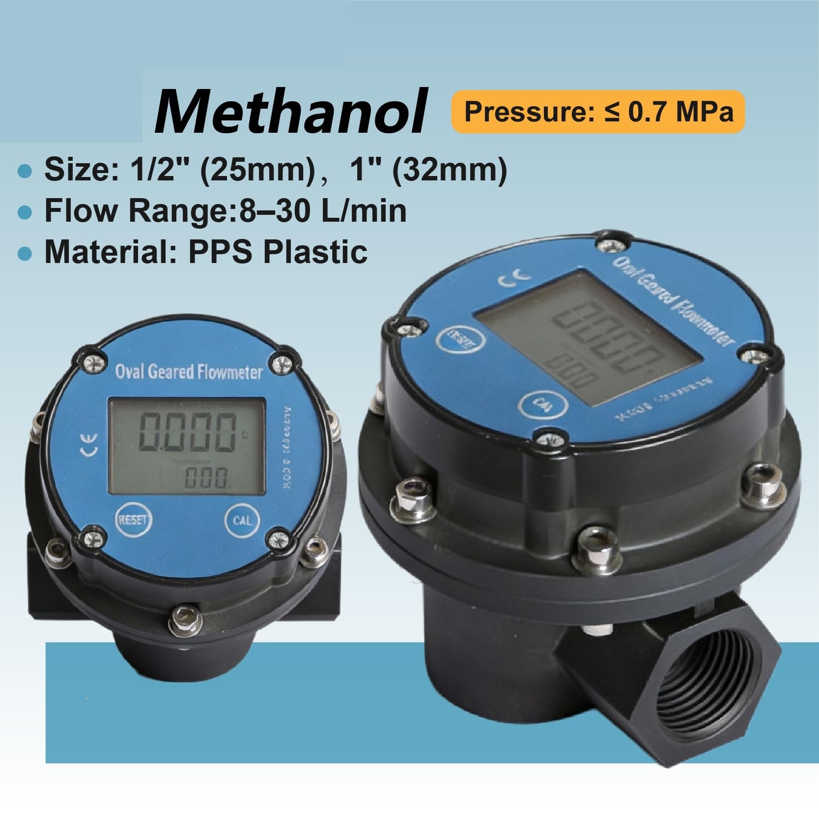 Caudalímetro, Medidor de flujo engranaje ovalado Digital con pantalla LCD for aceite parafina y metanol, rosca 3/4 pulgadas, plástico PPS, 8-30 L/min