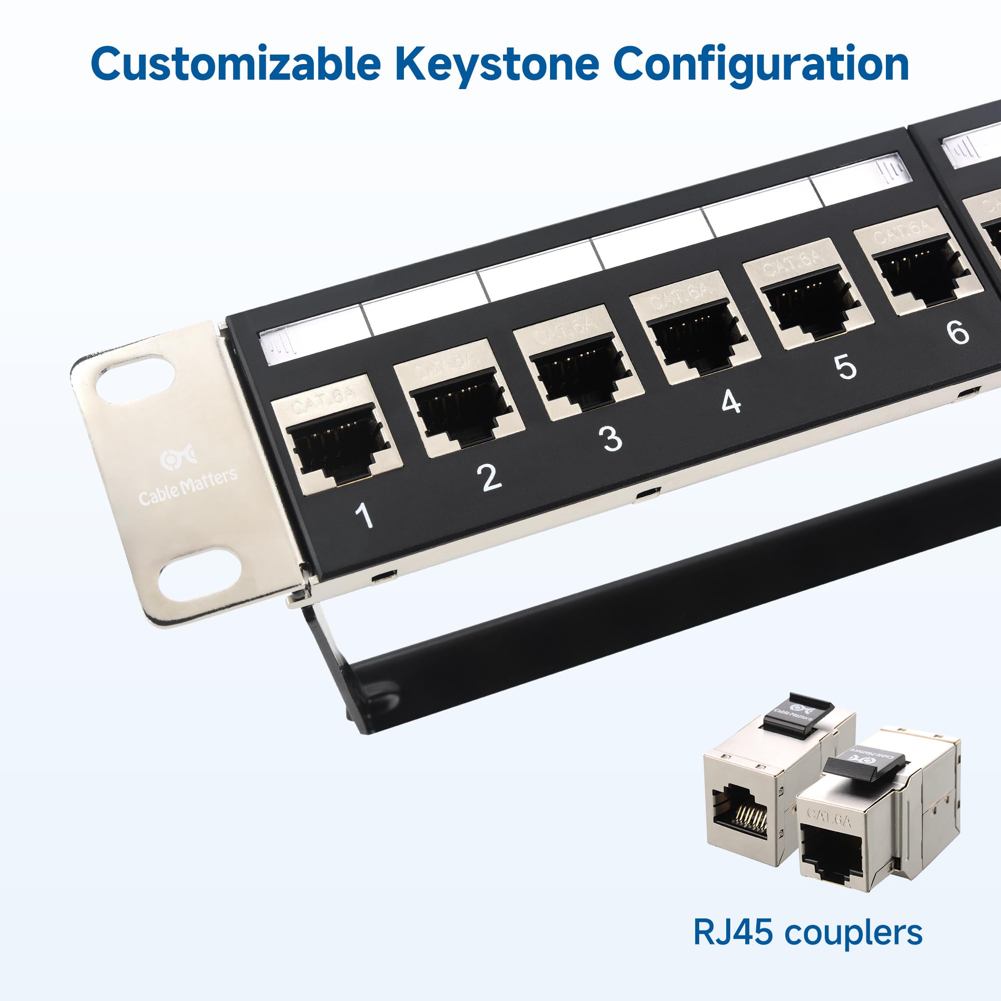 Cable Matters Pannello patch Ethernet Cat6A 1U da 48,9 cm a 24 porte 10 Gbps con Keystone in linea e barra di gestione dei cavi, pannello patch di rete per montaggio a rack o a parete / Patch Panel