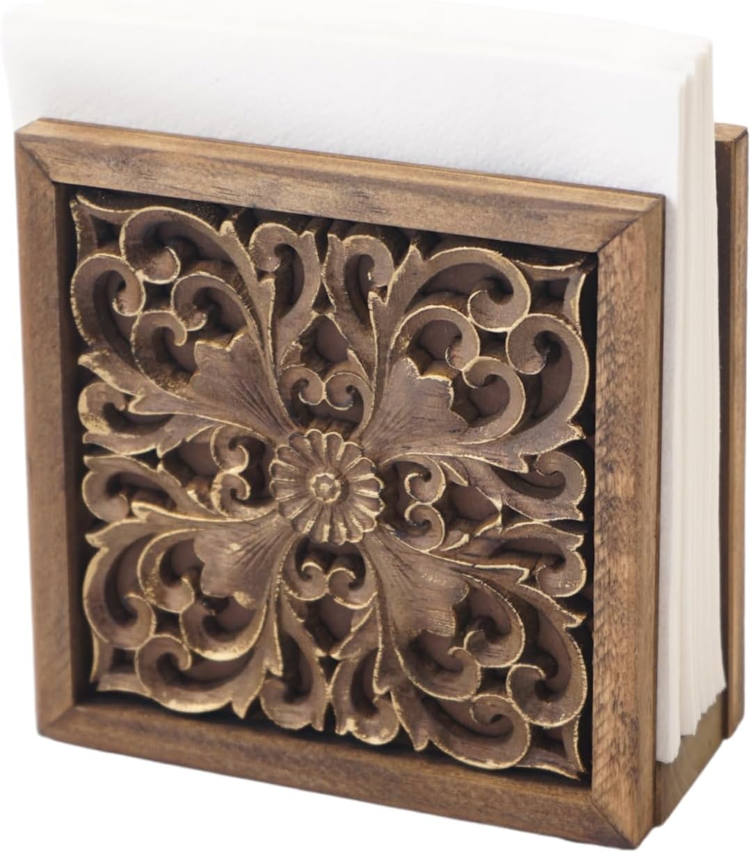 Carved Wood Napkin Holder - Freestanding Vintage Tissue Dispenser with 3 Color Options, 5.5"×5.5"×2.6" for Kitchen, Dining & Bathroom Decor (Antique Bronze)