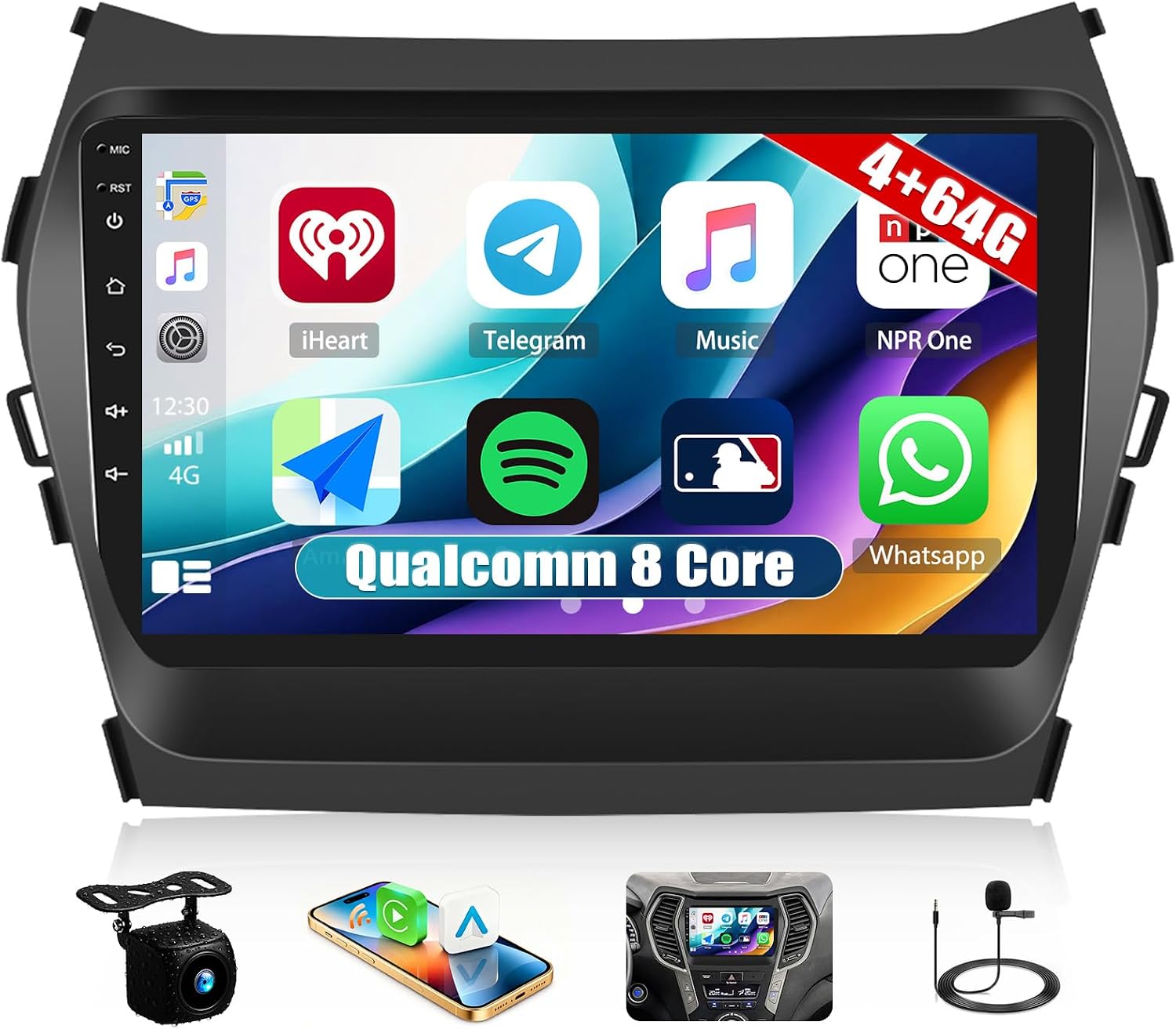 [8-Core 4+64G] Qualcomm Android 15 Car Radio Stereo for Hyundai Santa Fe IX45 2013-2018,9" IPS Touch Screen Car Radio with Wireless Carplay,Bluetooth 5.1,32 EQ,FM/RDS,DSP,WiFi,GPS,SWC,Mirror Link