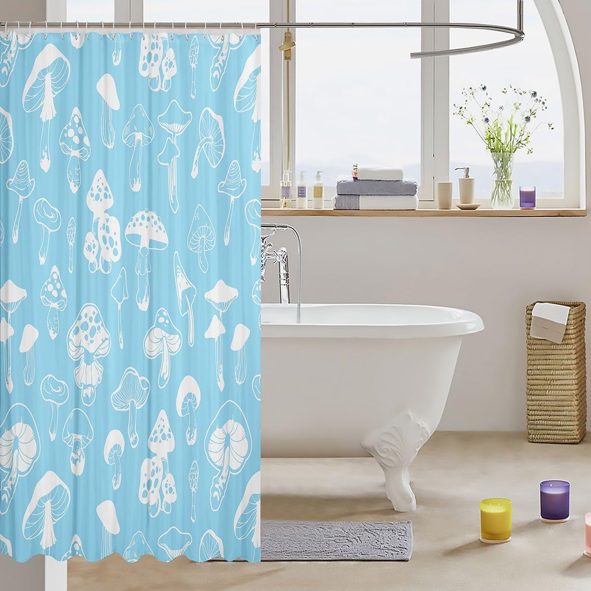 Blue Mushroom Waterproof Shower Curtains Luxury Heavy Fabric Bathroom Shower Curtain Natural Wild Mushroom Plants Home Dorm Bathtubs Decor Shower Curtain Machine Washable Grommet Curtain 72 x 84 Inch
