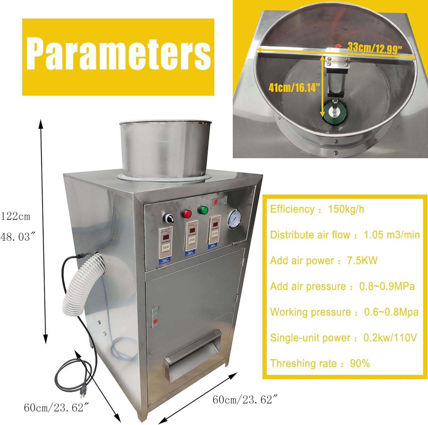 Pneumatic Garlic Peeling Machine Fully Automatic Dry Garlic Peeler Commercial Stainless Steel 150KG/H Garlic Peel Remover 90% Threshing Rate Whole Garlic Separator 110V No Air Compressor