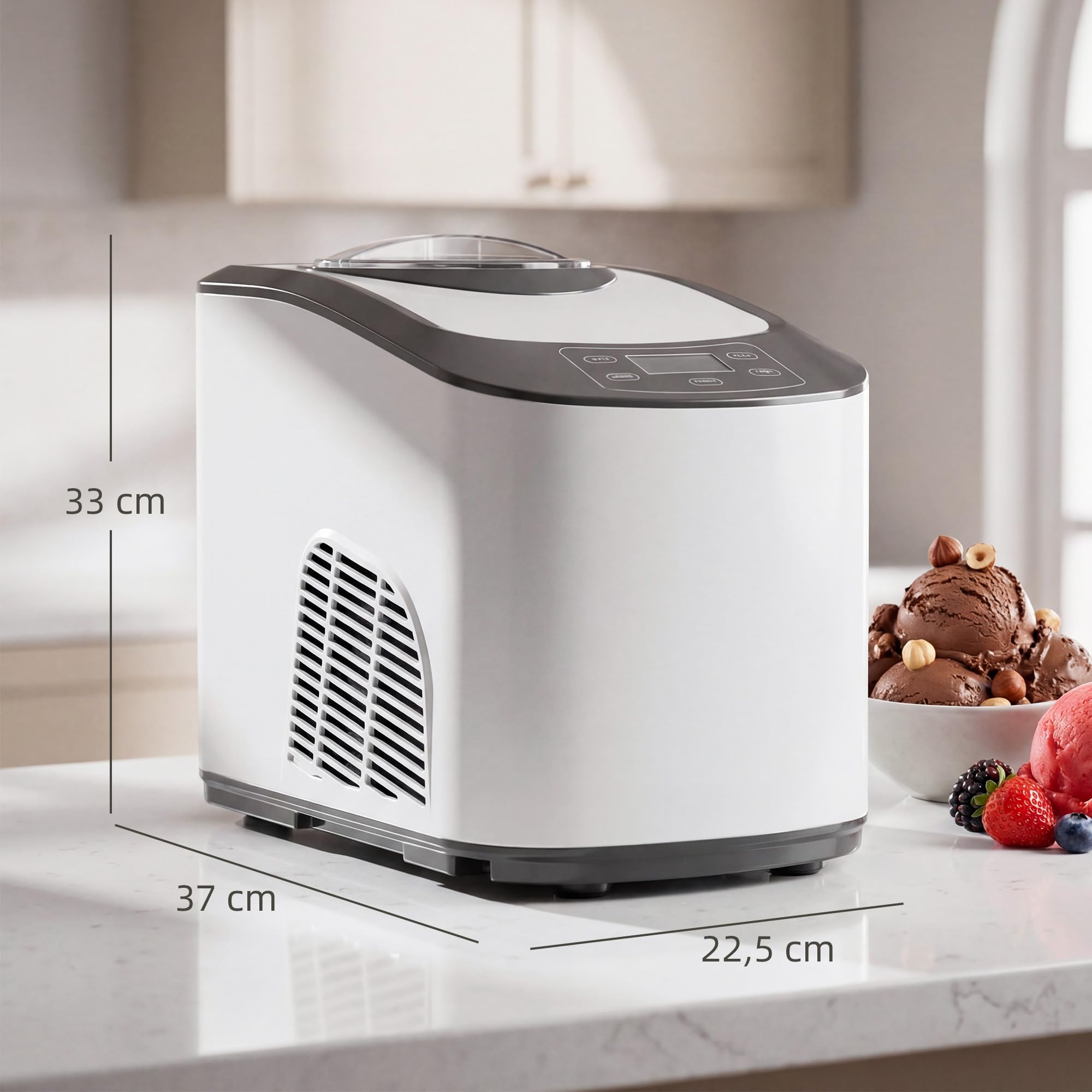 HOMCOM Eismaschine 1,5L mit Soft-Eis-Modus & Hart-Eis-Modus LCD Display | Eiscrememaschine, Speiseeisbereiter, Frozen Eisbereiter Speiseeismaschine, Messbecher, Schaufel, 45 Min., DIY Eiscreme