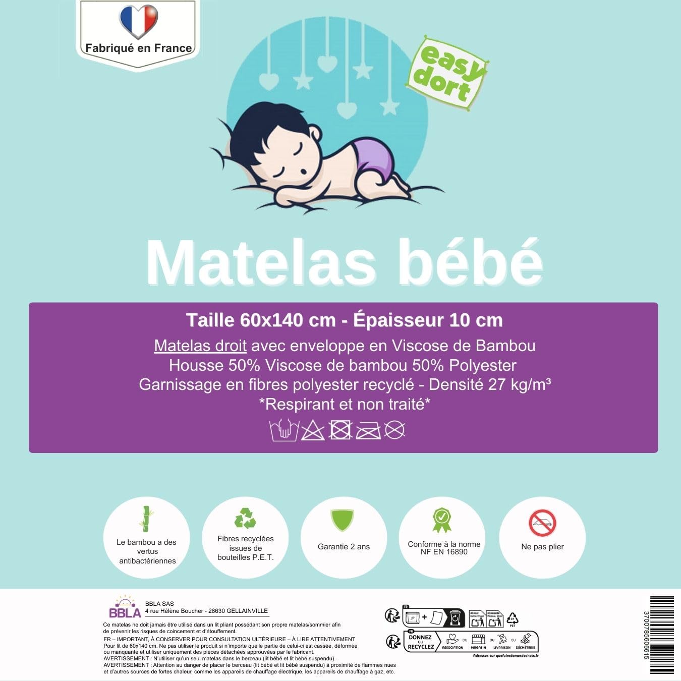 Easy Dort Materac dziecięcy 60x140 cm | Kołyska lub łóżeczko dziecięce | Wyprodukowano we Francji | Antybakteryjny | Lato i Zima | Dwustronny | Bardzo wygodny | Bambusowy Pokrowiec | Oeko tex® | Biały