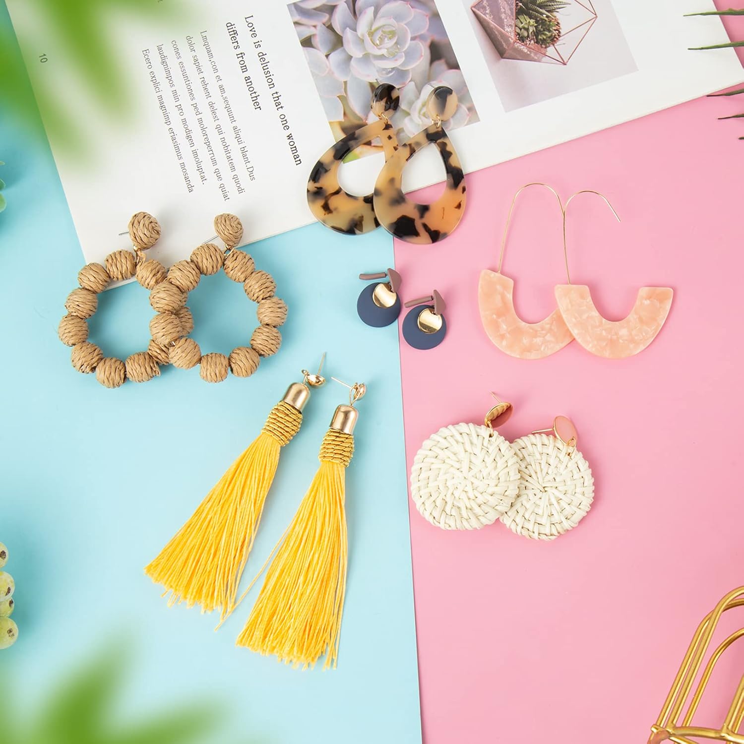 Ponpon 6-18 Pairs Earrings for Women, Lightweight Summer Earrings Straw Earrings Fashion Geometric Statement Hoop Dangle Drop Earrings for Women - Image 3