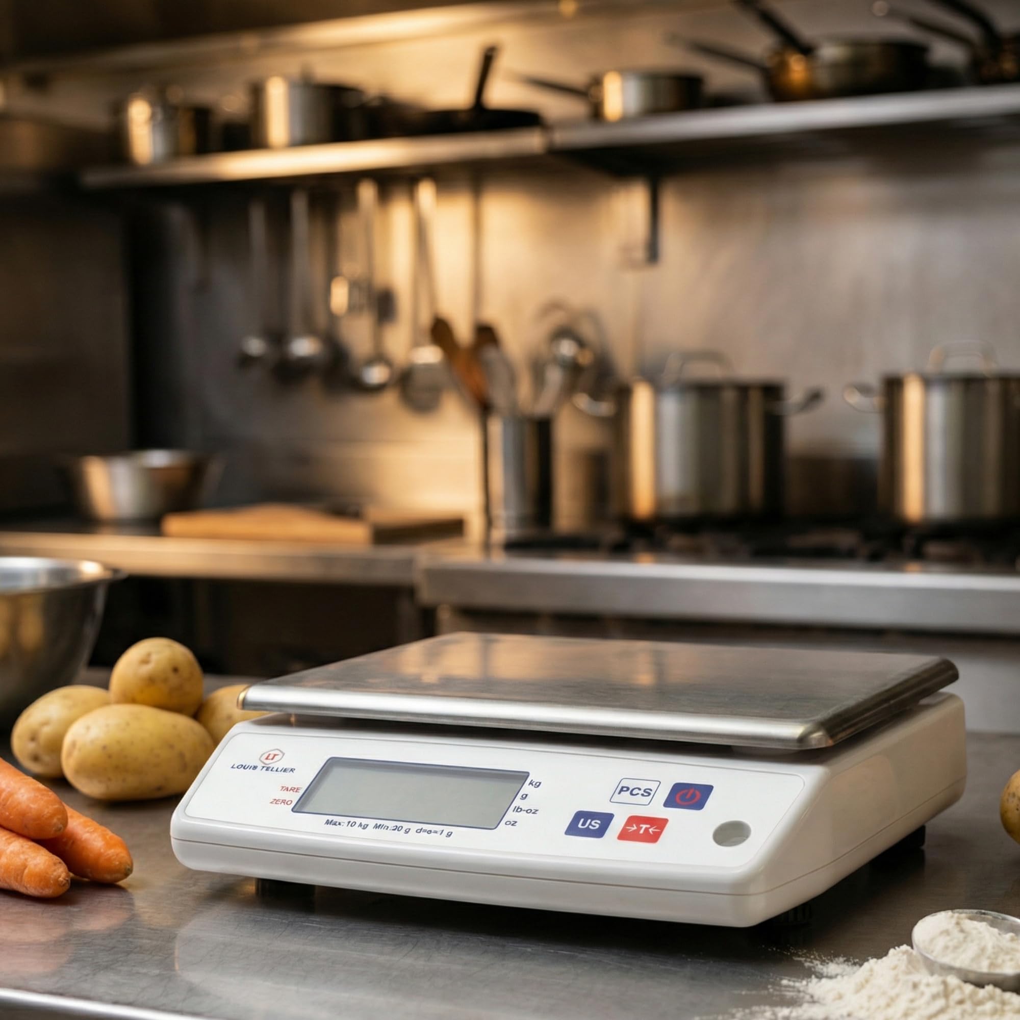 LOUIS TELLIER - Balanza Electrónica Profesional – 10 kg - IP53 - Precisión 1 g - Bandeja Extraíble de Acero Inoxidable - Cocina - Panadería – 22 x 16,5 cm