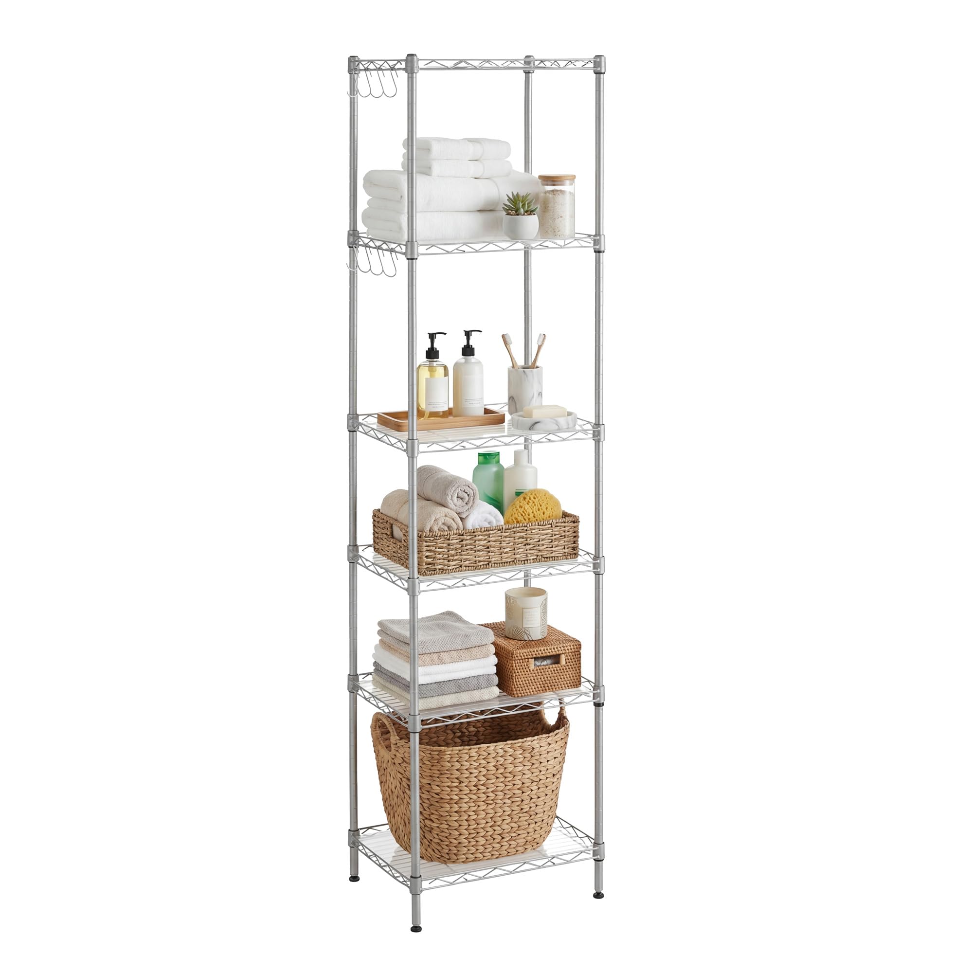 SONGMICS 6-Tier Shelving Unit, Metal Kitchen Storage Shelves, with Adjustable Wire Shelves, PP Liners, 8 Hooks, for Living Room, Garage, 30 x 40 x 160 cm, Silver LGR116E01