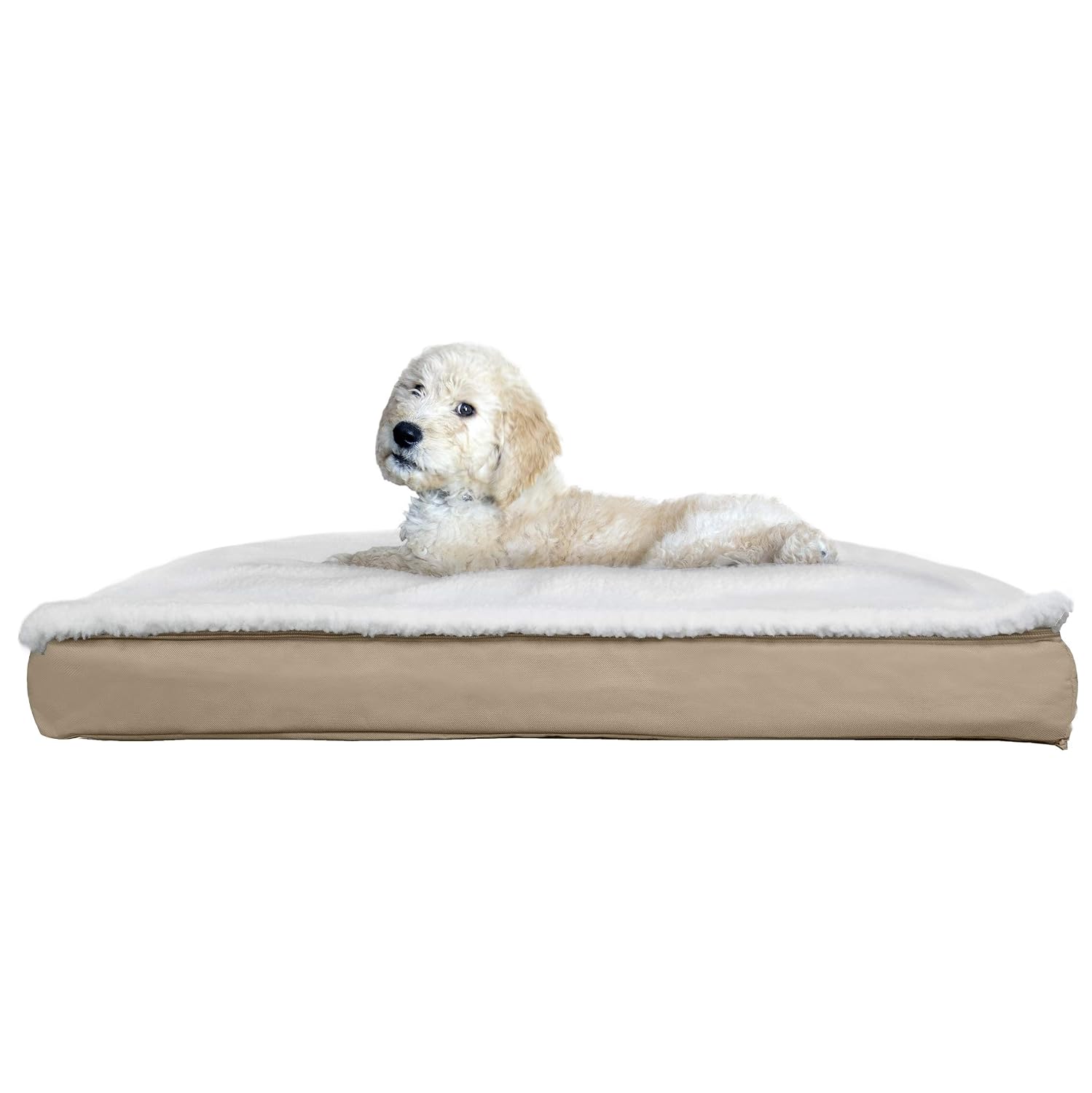 Furhaven Pet Bed for Dogs and Cats - Water-Resistant Indoor-Outdoor Convertible Sherpa Top Mattress Pillow Cushion Dog Bed, Removable Cover - Sand, Medium