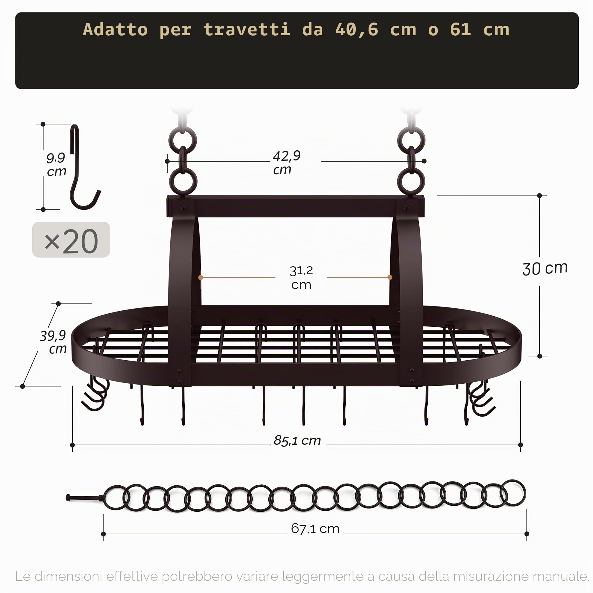 KES Porta Padelle e Pentole da Soffitto Porta Pentole da Cucina Salvaspazio con 20 Ganci per L'archiviazione e L'organizzazione della Cucina Mensola 85CM Bronzo Oliato, KUR221S85-OB