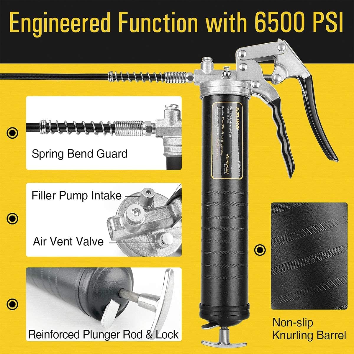 AZUNO Pistol Grip Grease Gun, Grease Gun Coupler, Air Compressor Grease Guns with Flex Hose, Metal Extension, Professional Coupler and Sharp Nozzle