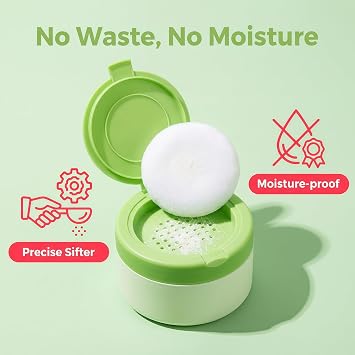 Green Plastic Empty Portable Baby Skin Care After-Bath Powder Puff Talcum Powder Case Container Dispensor Make-up Loose Powder Box Holder Bottle Container Travel Kit with Powder Puff and Sifter