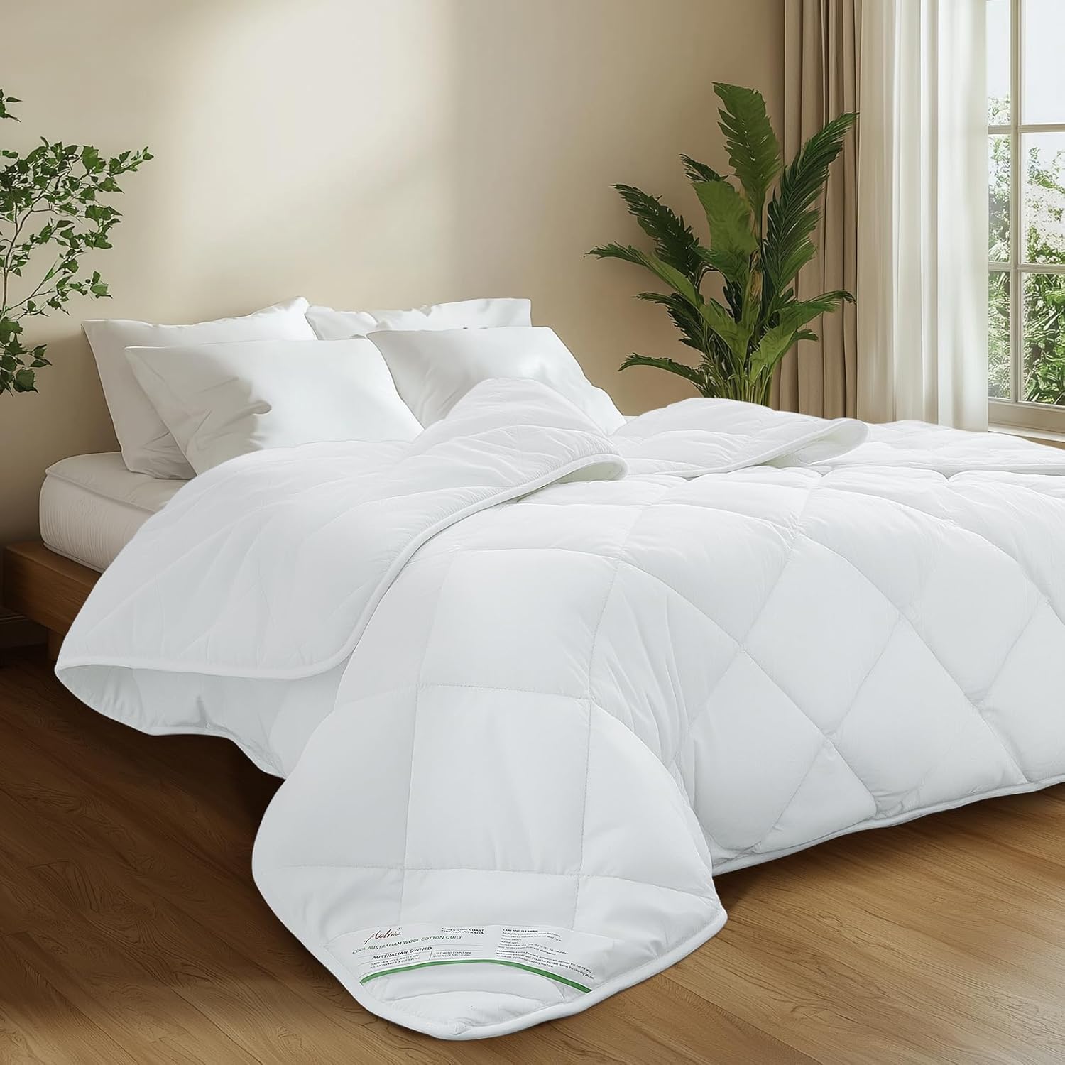 Duvet Insert 100% Cotton Comforter Shell All Season Lightweight, Australian Wool Cotton Filling, Noiseless Temperature Regulation Breathable Wool Bedding for Luxurious Sleep Queen Size