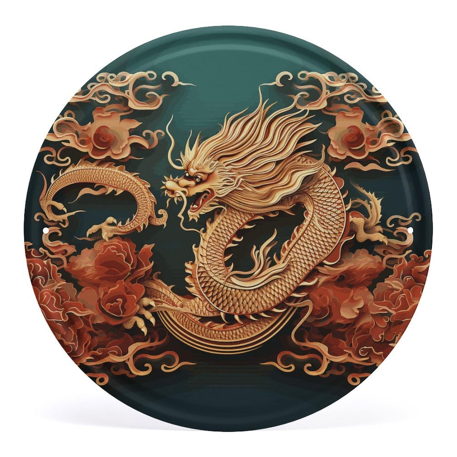 Fodpand Style Dragon Chinese Background Round Wall Art Hanging Decorations, Wall Decor Modern Minimalist Artwork, Tin Sign Hanging Picture For Living Room, Bedroom, Office, Hallway, 11.8X11.8 Inch