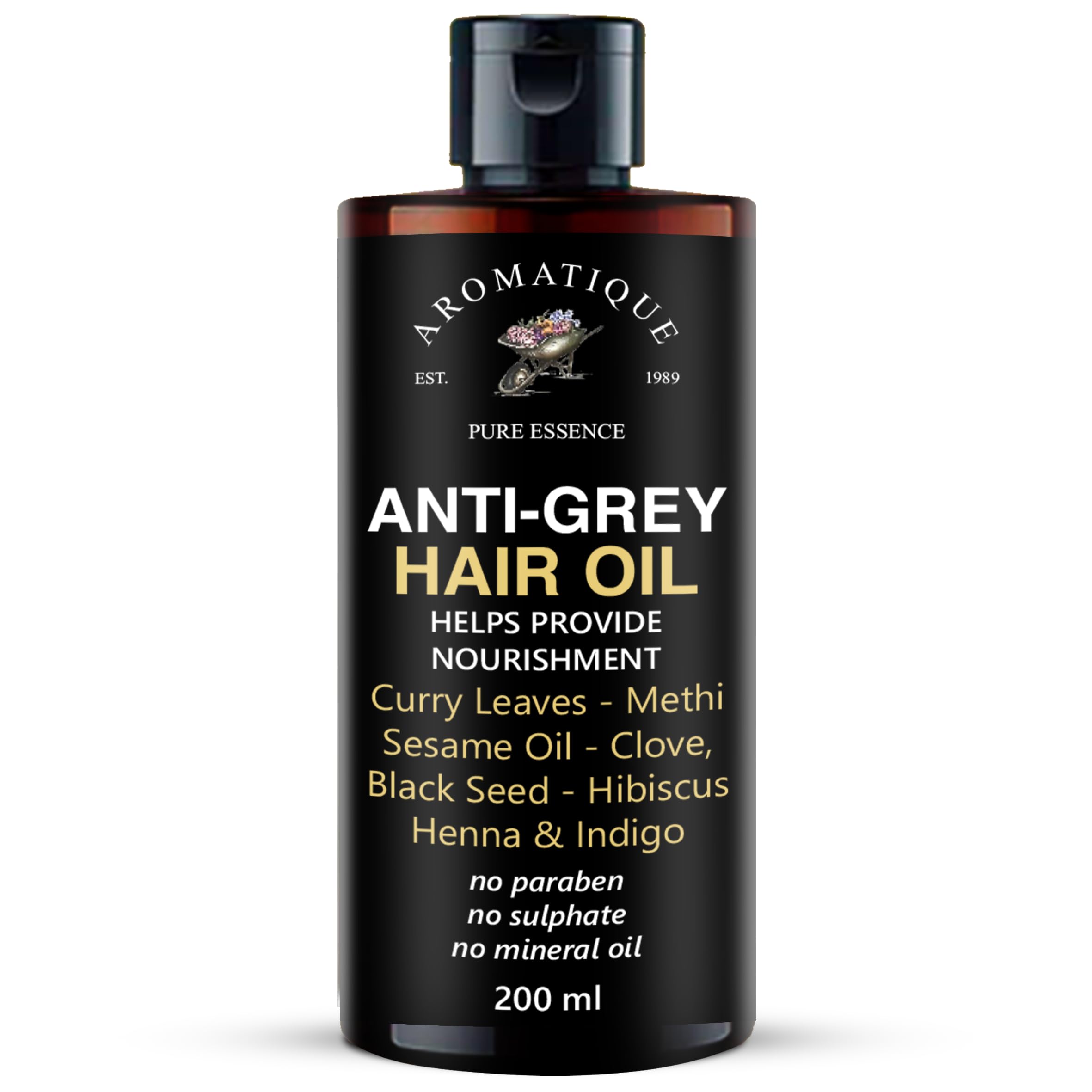 Aromatique Anti Grey Hair Oil | Herbal Blend with Coconut, Black Seed, Castor, Argan, Apricot, Almond, Grapeseed, Jojoba, Sesame, Henna, Indigo, Amla, Methi, Curry Leaves & Hibiscus | Nourishing Natural Hair Oil for Men & Women | 200ml