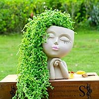 Vista 3 de Macetero de Cabeza con Cara, Macetas Divertidas con Cabezas, Macetas Lindas con Caras de Niña, Macetas Decorativas para Flores, Macetas Lindas