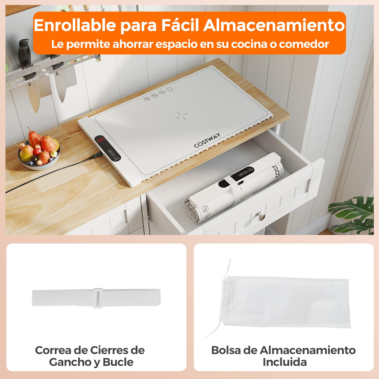 COSTWAY Manta Electrica para Calentar Alimentos, Bandeja de Silicona Enrollable y Portátil con Calentamiento Rápido, Calentador de Alimentos con Apagado Automático y Bloqueo para Niños (Blanco)