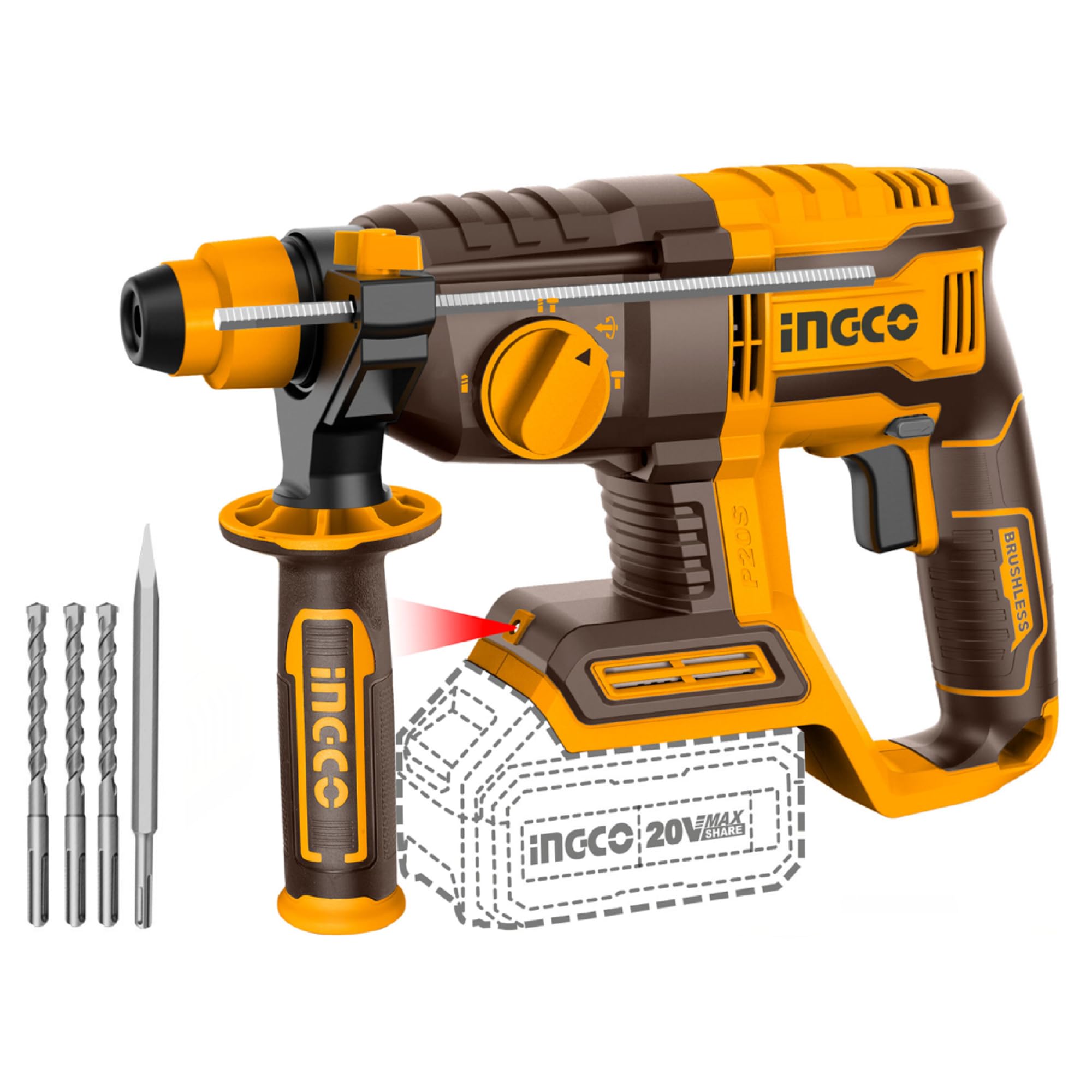 INGCO Martillo Percutor Perforador Inalámbrico 20 V (producto solo), motor sin escobillas, Φ22 MM en hormigón, SDS-Plus, 2.0J, 4 funciones, 1100 rpm, 5400 bpm, con 3 taladros y 1 cincel CRHLI20208