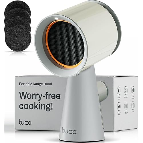 TUCO Portable Range Hood, Desktop Kitchen Exhaust Fan with 3 Speeds, Triple Filter Polymer, Aluminum & Carbon, Low Noise, Oil Collection Cup, Smoke Air Purifier for Indoor BBQ (Grey)