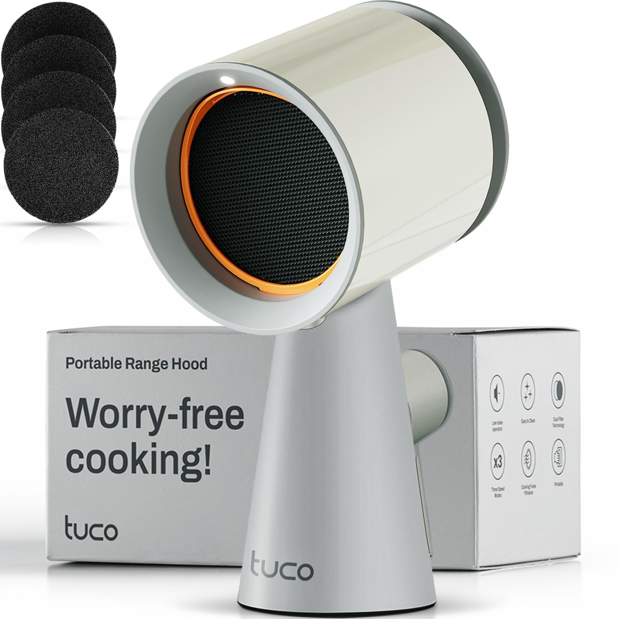 TUCO Portable Range Hood, Desktop Kitchen Exhaust Fan with 3 Speeds, Triple Filter Polymer, Aluminum & Carbon, Low Noise, Oil Collection Cup, Smoke Air Purifier for Indoor BBQ (Grey)