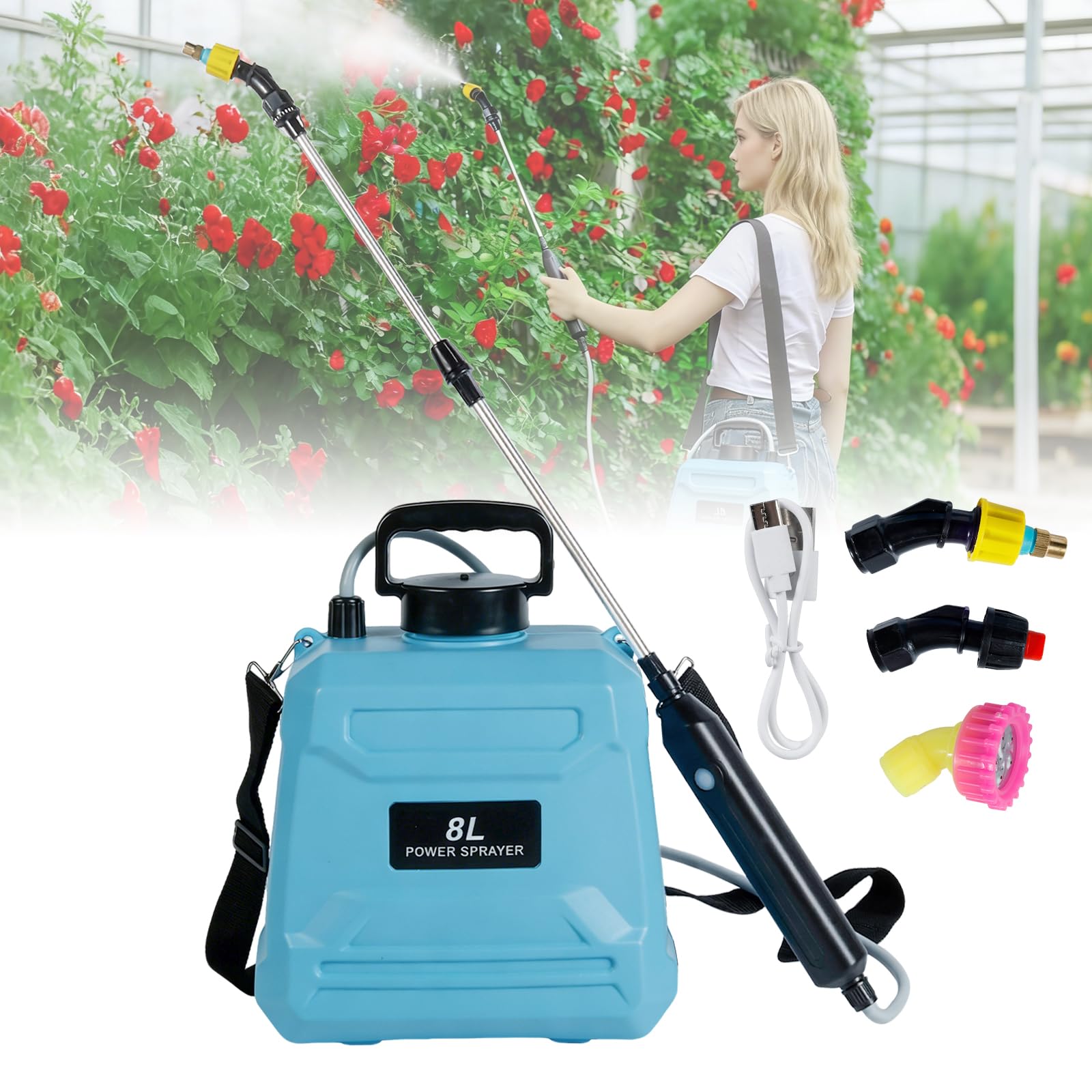 W&H 8L Electric Garden Sprayer, Battery Powered Weed Sprayer with 3 Mist Nozzles, USB Rechargeable Handle, Retractable Wand Adjustable Shoulder Strap for Lawn and Garden