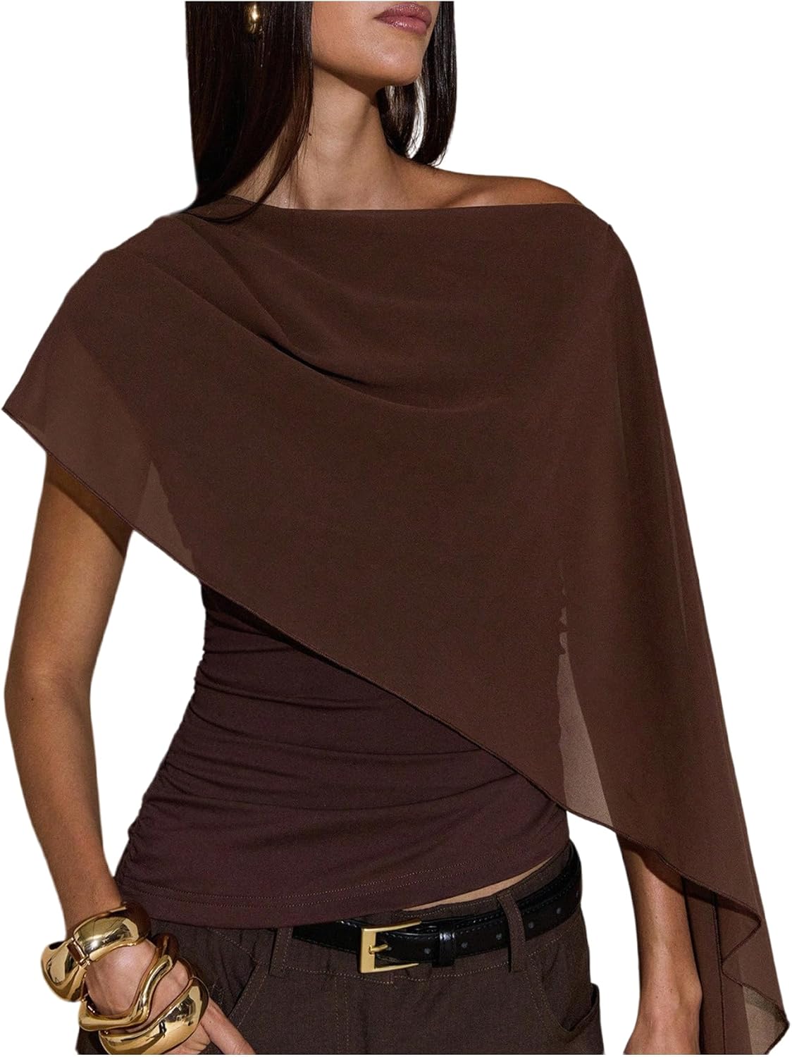 Women's Ruched Cape One Shoulder T Shirts Short Sleeve Asymmetrical Neck Fitted Crop Top