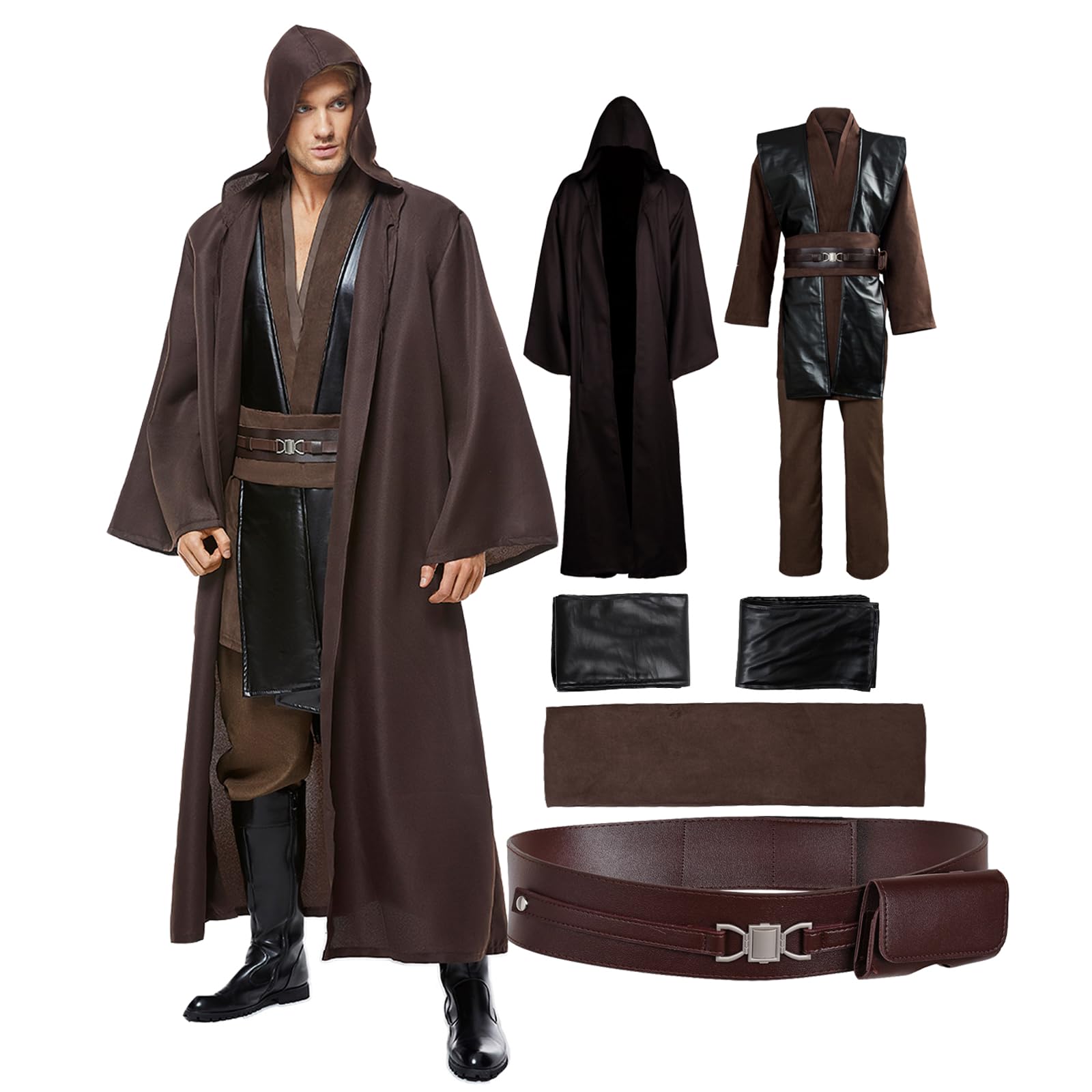 Fortunezone Adult Knight Costume with Brown Hooded Cape Anakin Cosplay Costume Halloween Set โ image 1