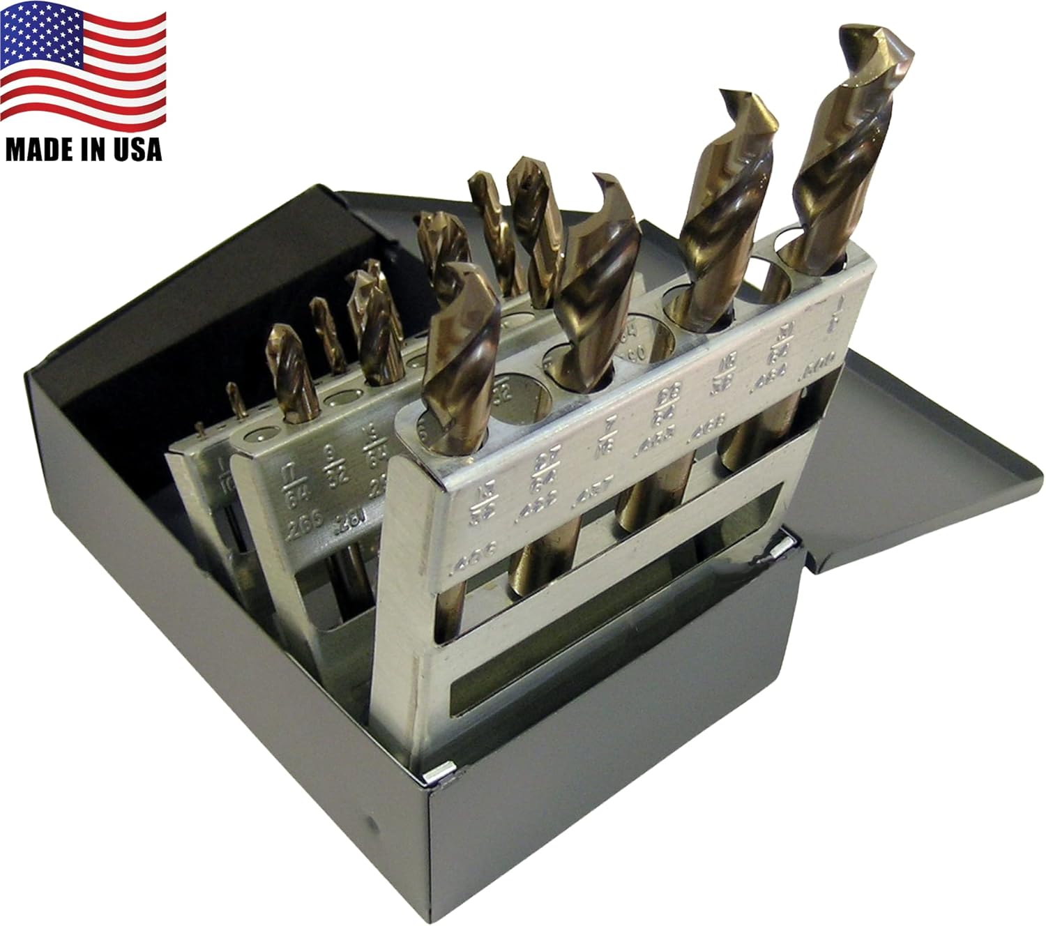 Chicago Latrobe 559 Series Cobalt Steel Short Length Drill Bit Set In Metal Case, Gold Oxide Finish, 135 Degree Split Point, Inch, 29-piece, 1/16"- 1/2" in 1/64" increments