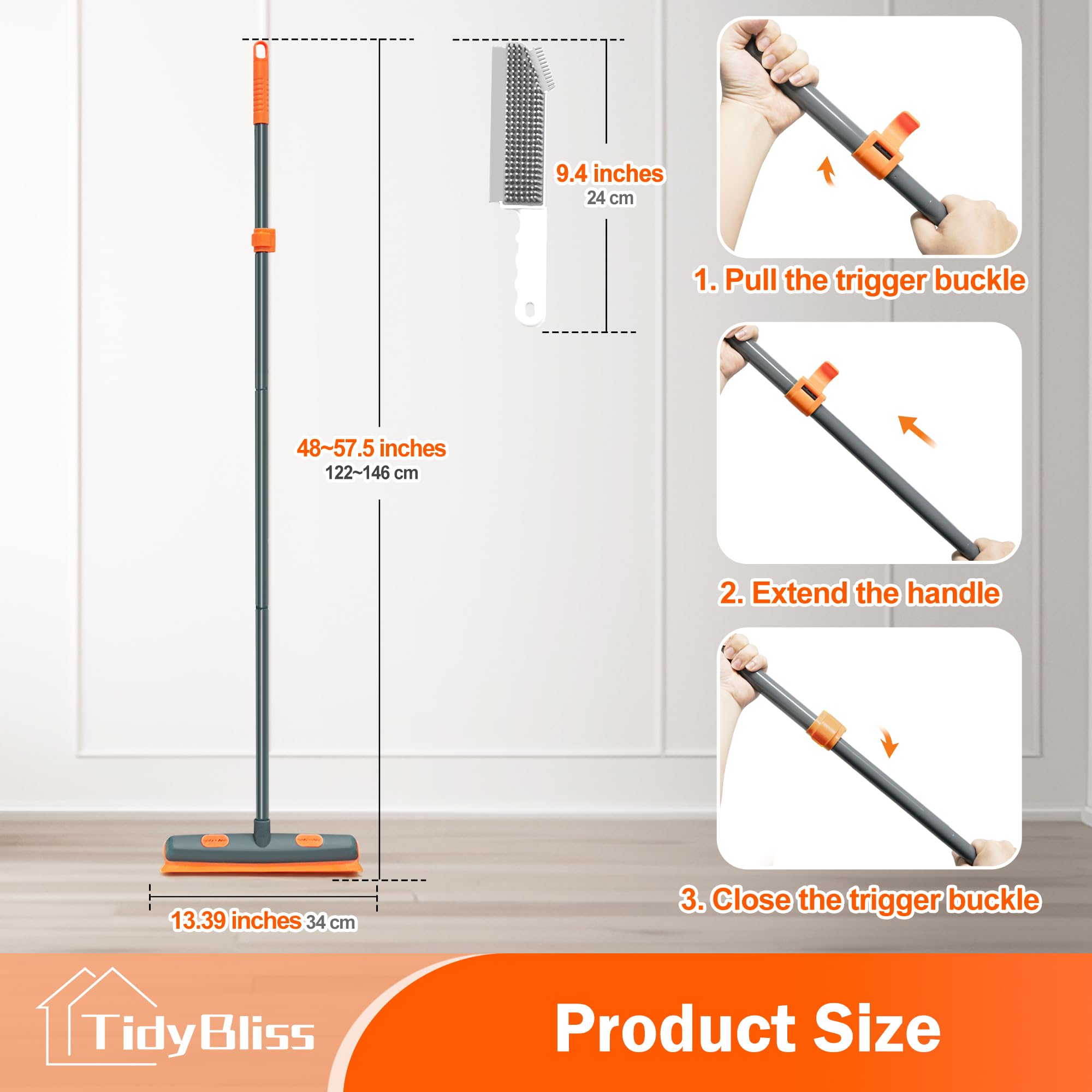 TidyBliss Scopa in Silicone per Pavimenti, Spazzolone Gomma con Tergicristallo, Manico Lungo 146 cm per Pulizia di Tappeti Finestre Piastrelle Pavimenti in Legno Duro (Arancione)