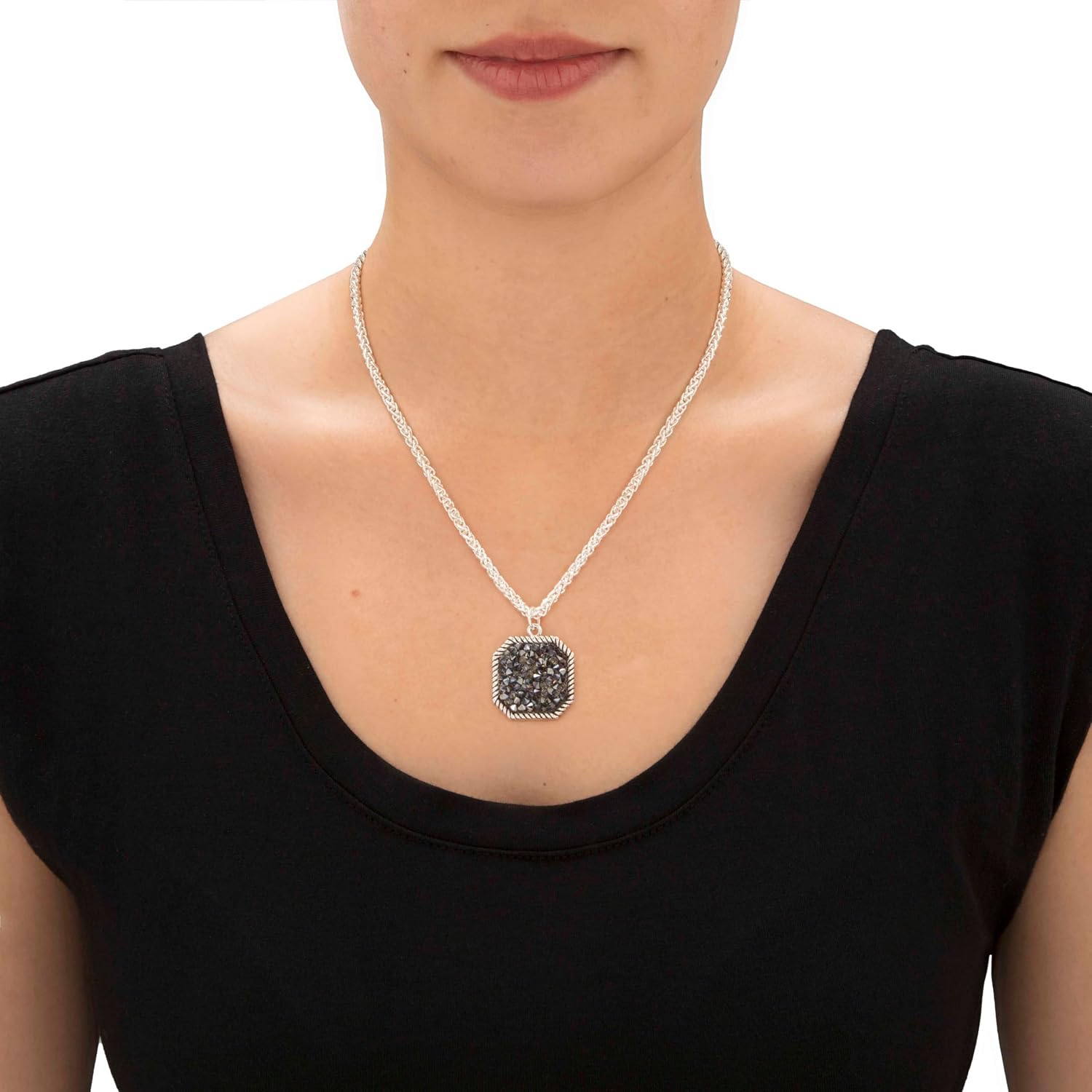 PalmBeach Silvertone Round Black Crystal Druzy Quartz Pendant Necklace (26mm), 18 inch Chain
