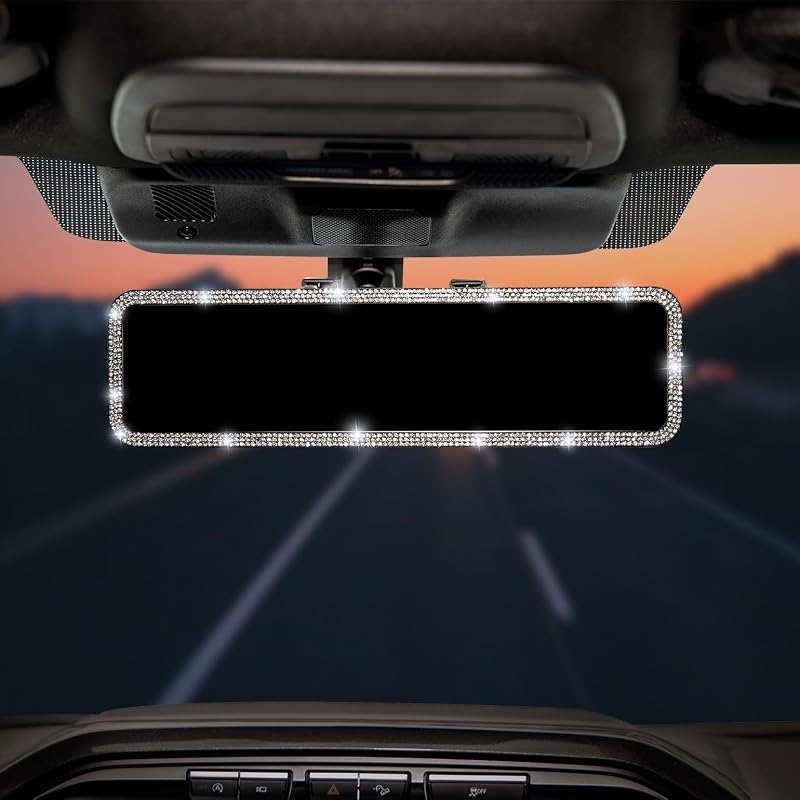 Espelho retrovisor interno panorâmico JOYTUTUS com clipe, vidro convexo e acabamento com cristais – 1 unidade