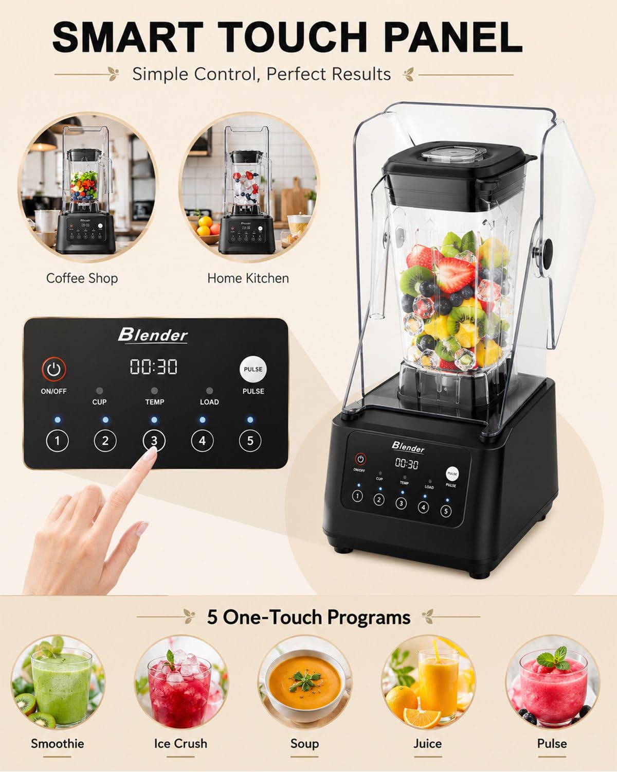 Batidora Comercial para Batidos, 2200W, 2L, 5 Modos, con Cubierta | Procesa Recetas Diarias con una Batidora Profesional para Smoothies, Batidos, Zumos, Salsas, Purés y Postres en Cafés y Bares